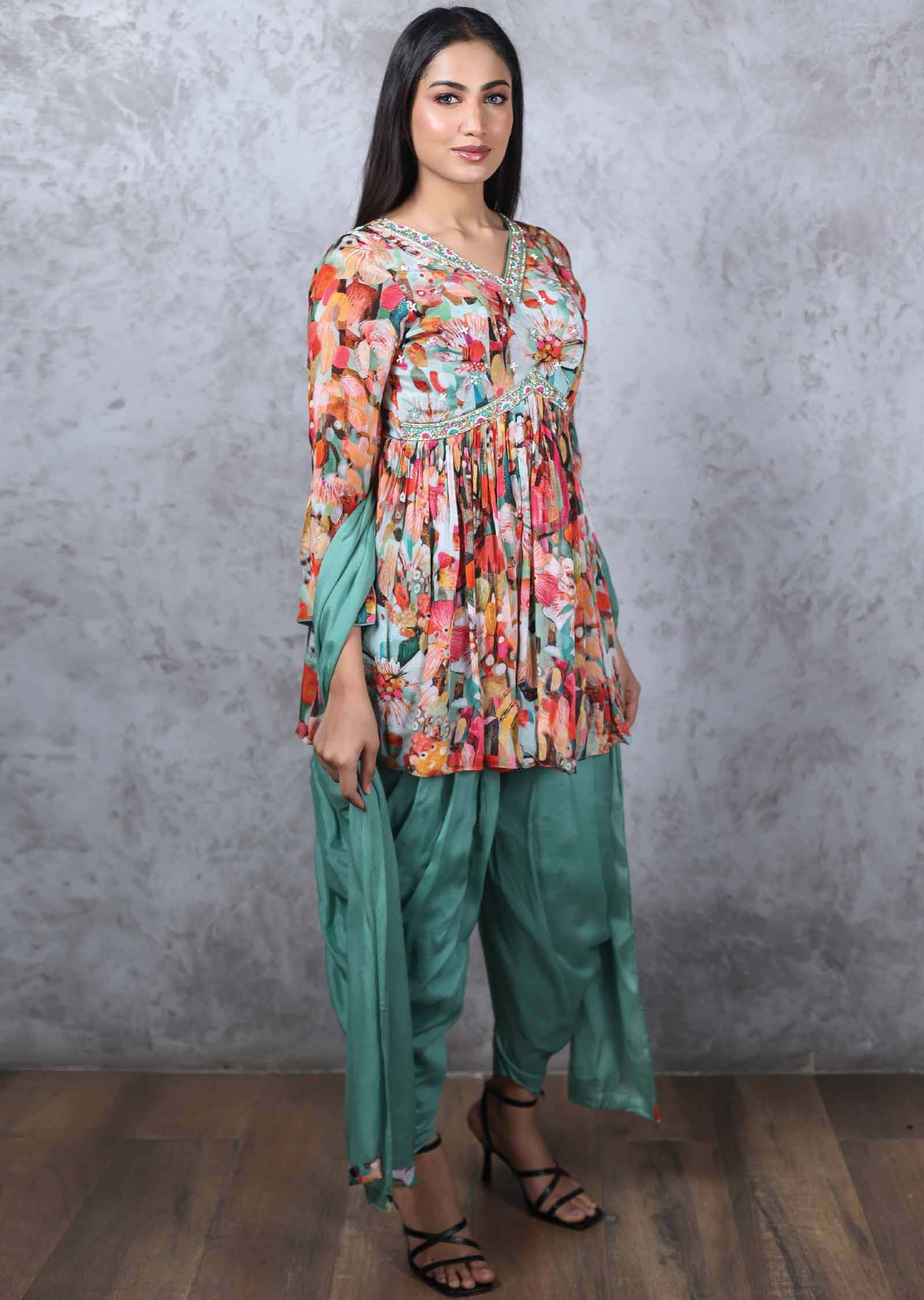 Green Chinnon Zardosi & Embroidered Fusion/Indo-Western Set