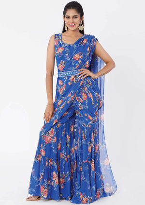 Blue Georgette Sequins Fusion/Indo-Western Set