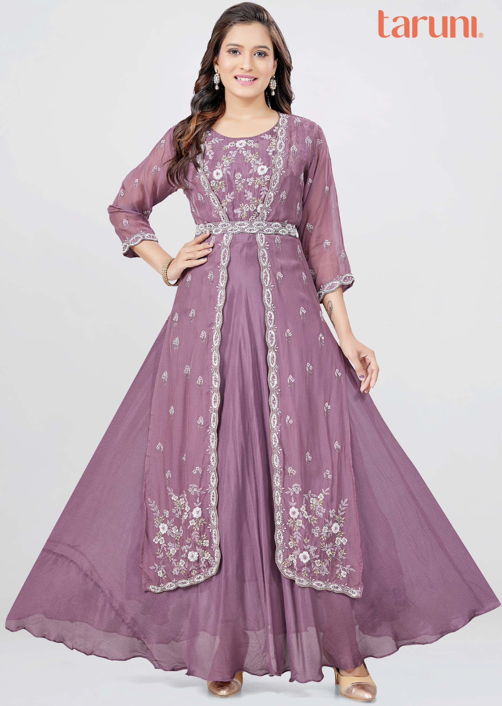 Mauve Pink Chinnon Zardosi & Embroidered Gown