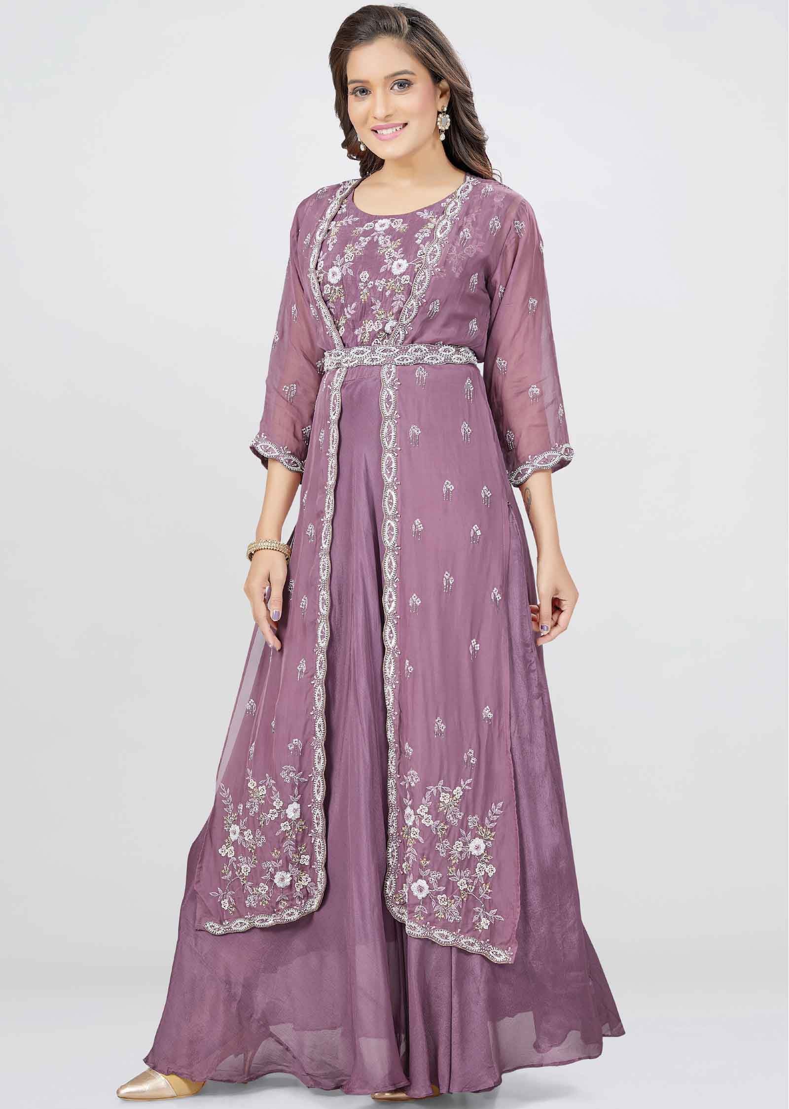 Mauve Pink Chinnon Zardosi & Embroidered Gown