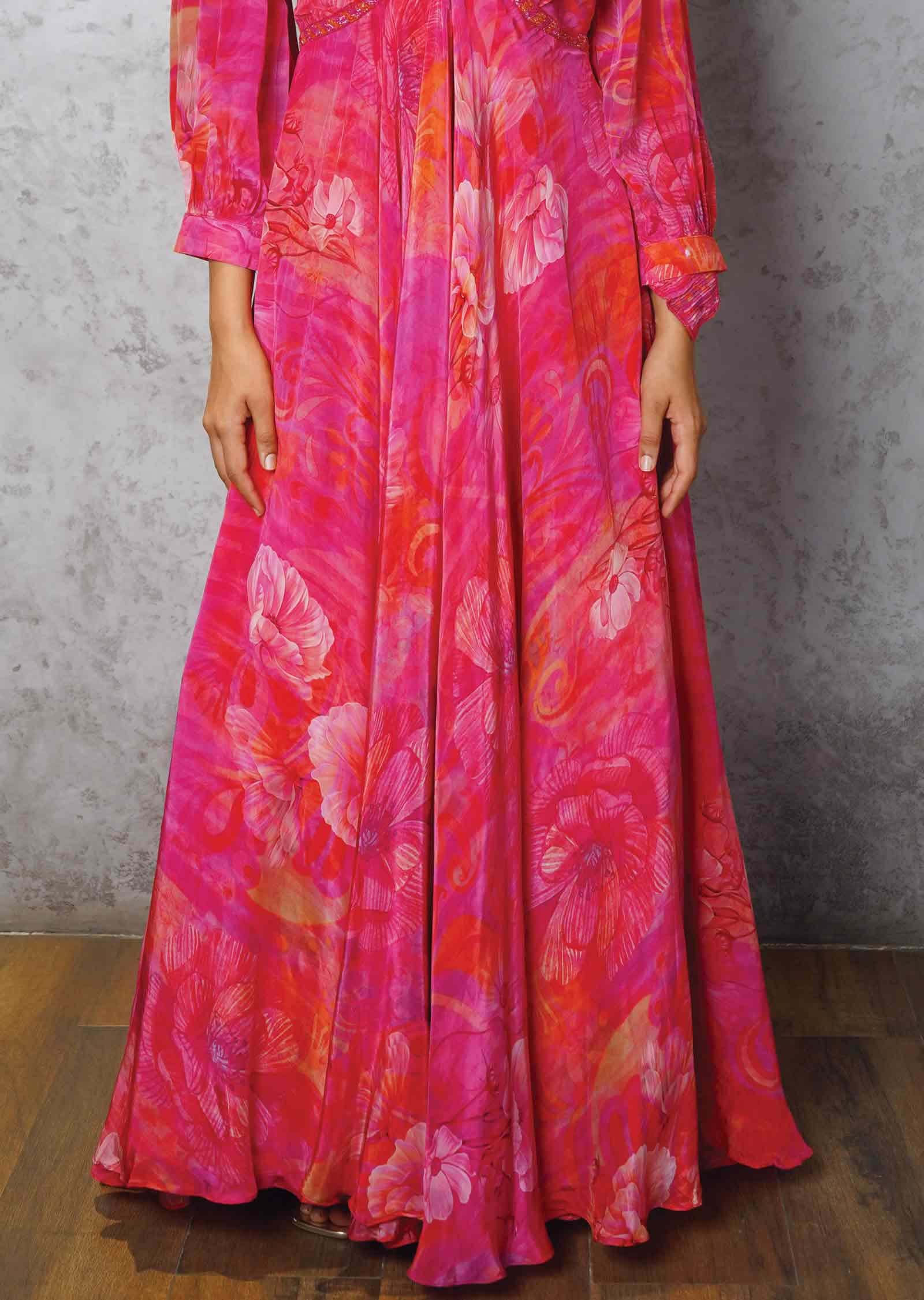 Rani Pink Crepe Printed Alia cut Gown