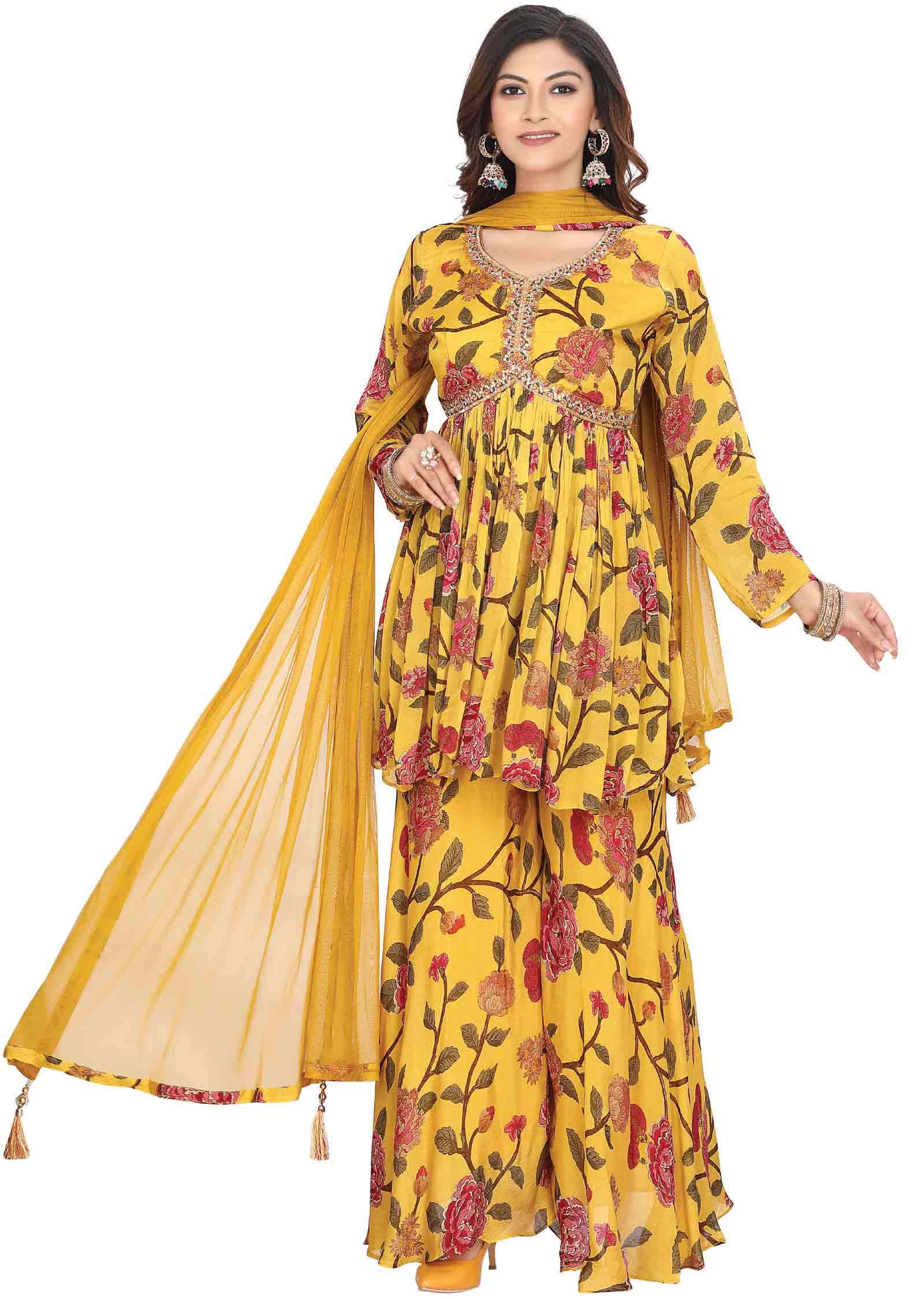 Mustard Chinnon Zardosi & Embroidered Shararas/Ghararas