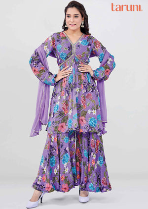 Lavender Chinnon Printed Alia cut Shararas/Ghararas