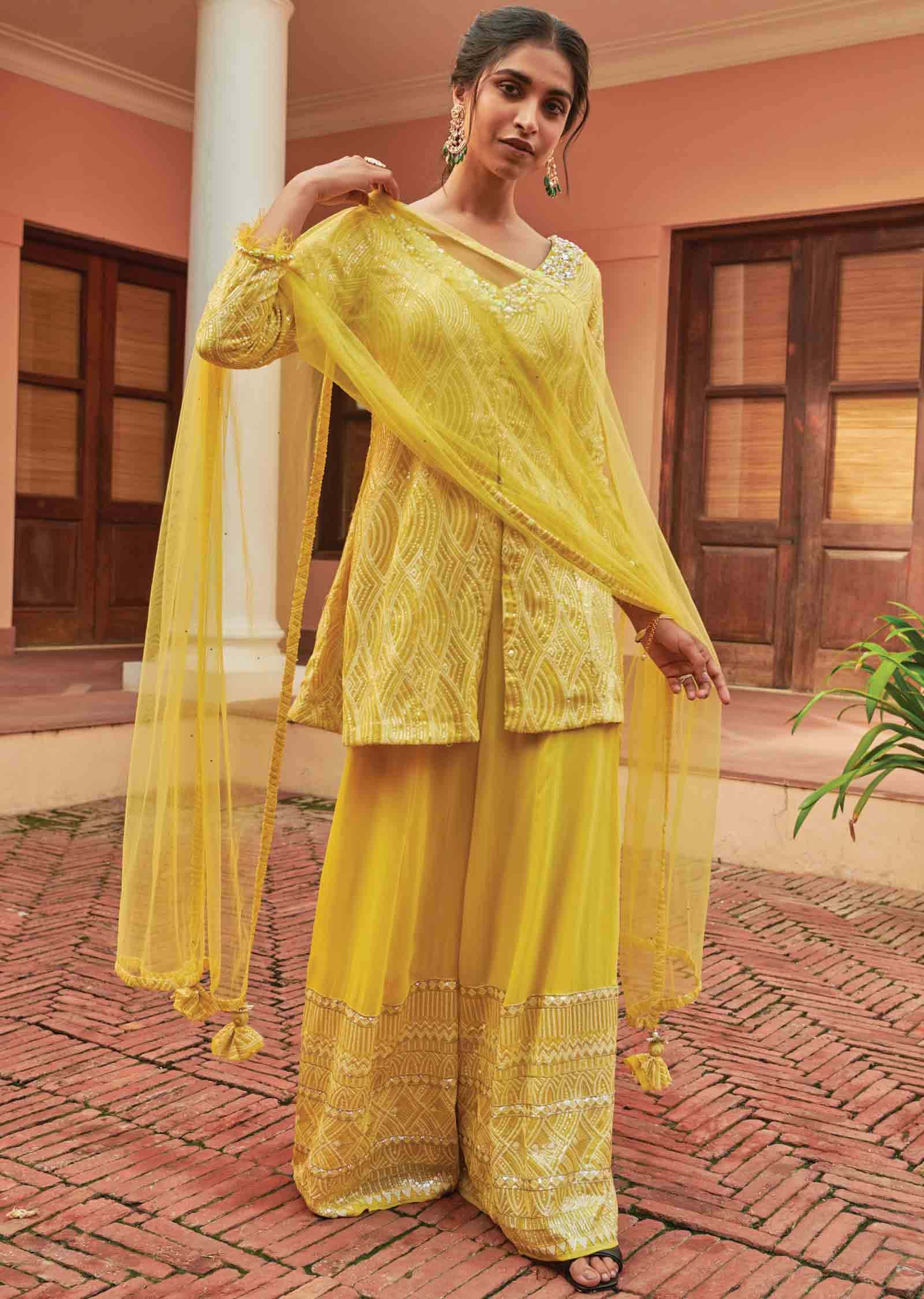 Lemon Yellow Georgette Embroidered Shararas/Ghararas