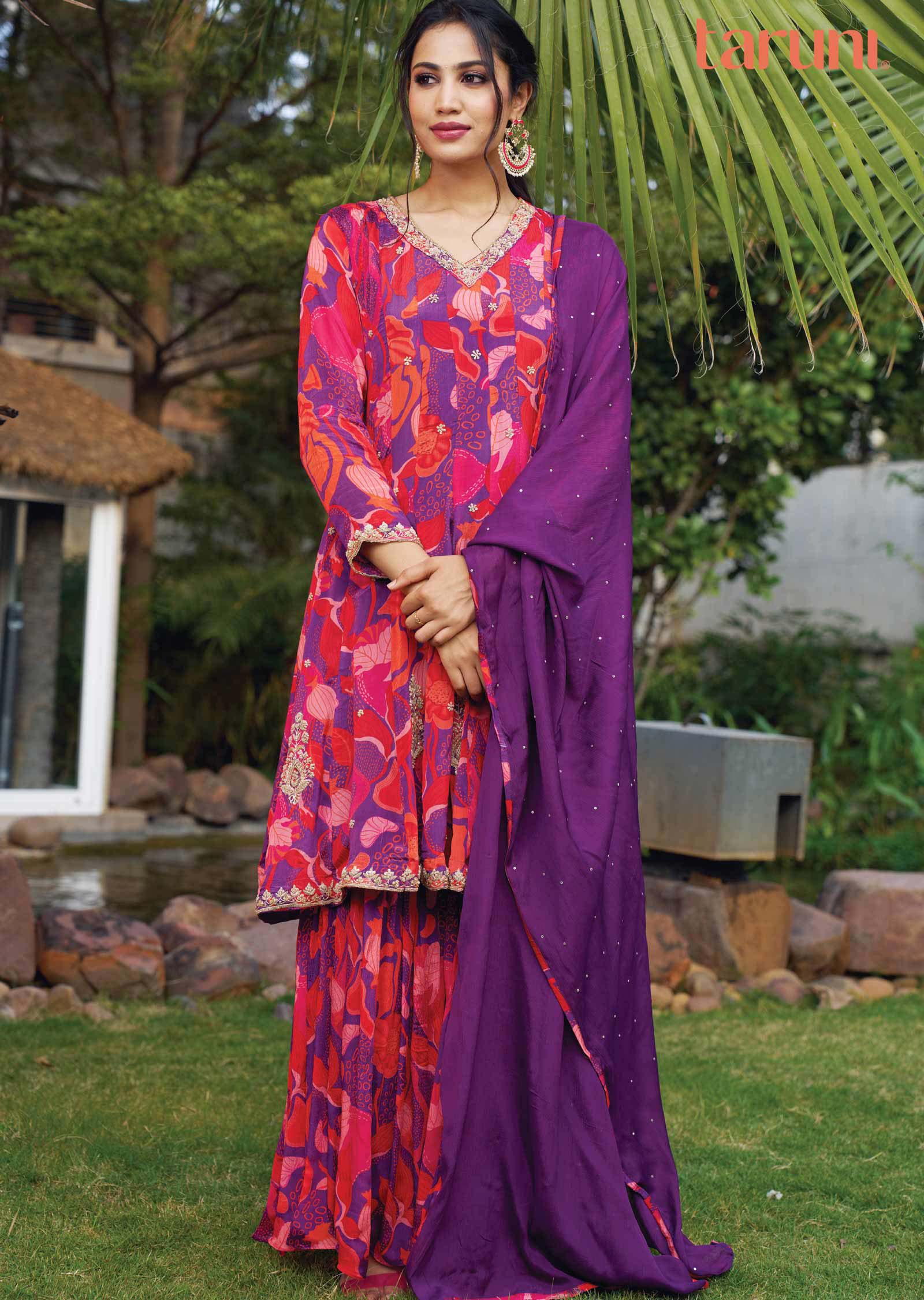 Purple & Red Chinnon Embroidered Shararas/Ghararas