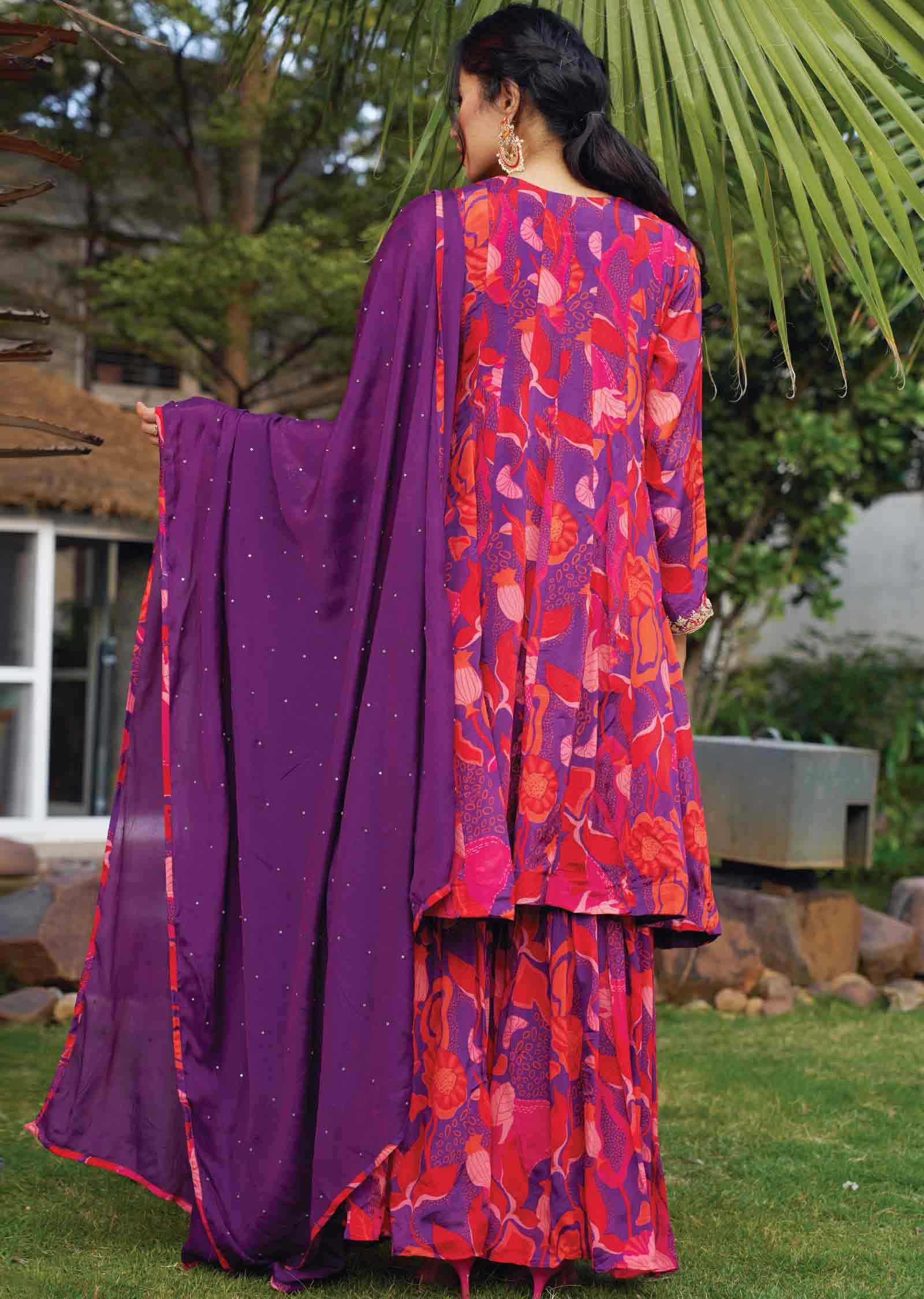 Purple & Red Chinnon Embroidered Shararas/Ghararas