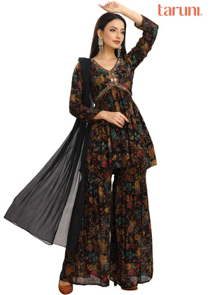 Black & Multi Chinnon Printed Alia cut Shararas/Ghararas