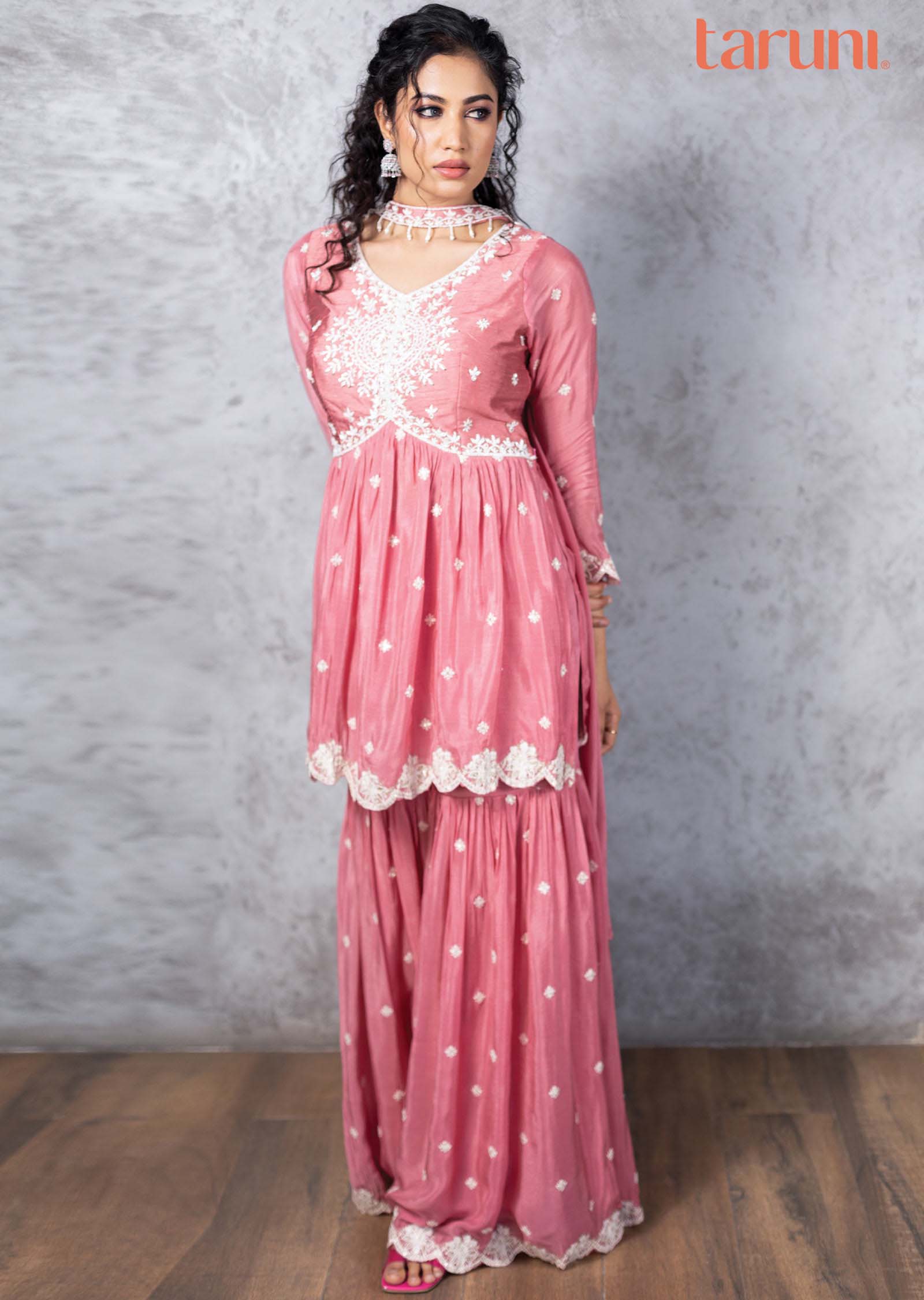 Rose Peach Chinnon Embroidered Pallazo Suit