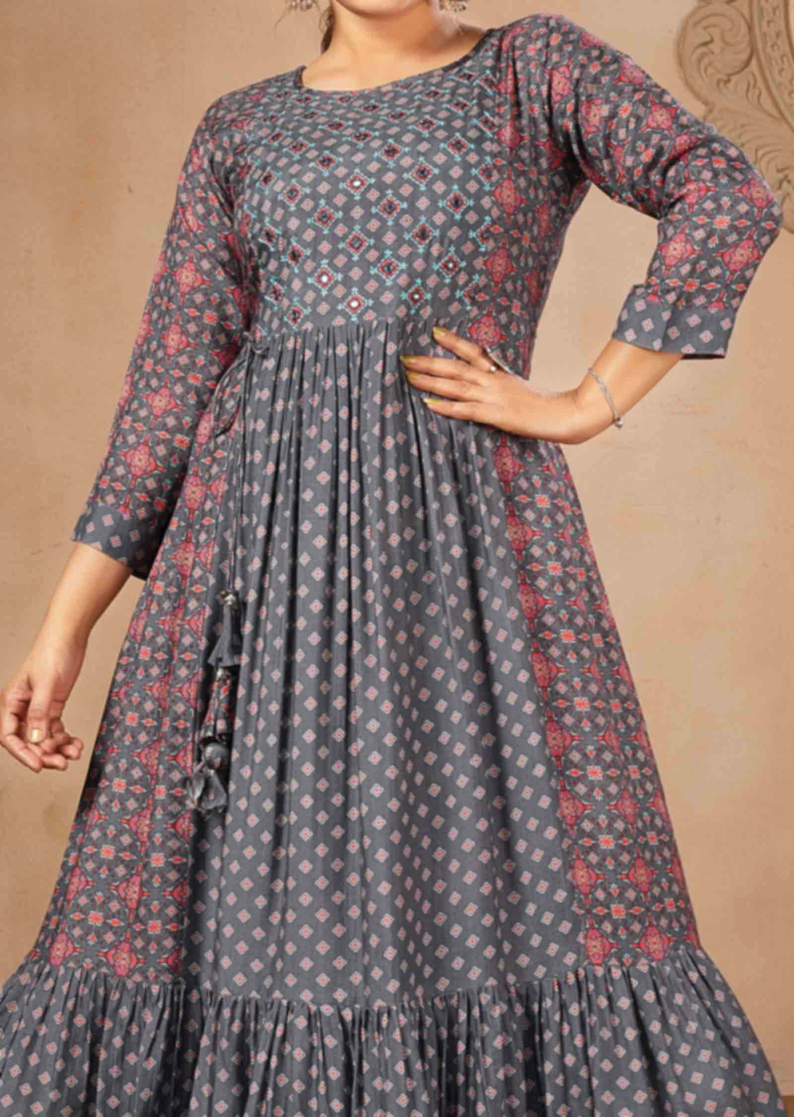 Grey Muslin Printed Frock Style Kurti