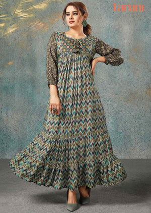 Green Muslin Printed Frock Style Kurti