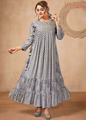 Grey Muslin Printed Frock Style Kurti