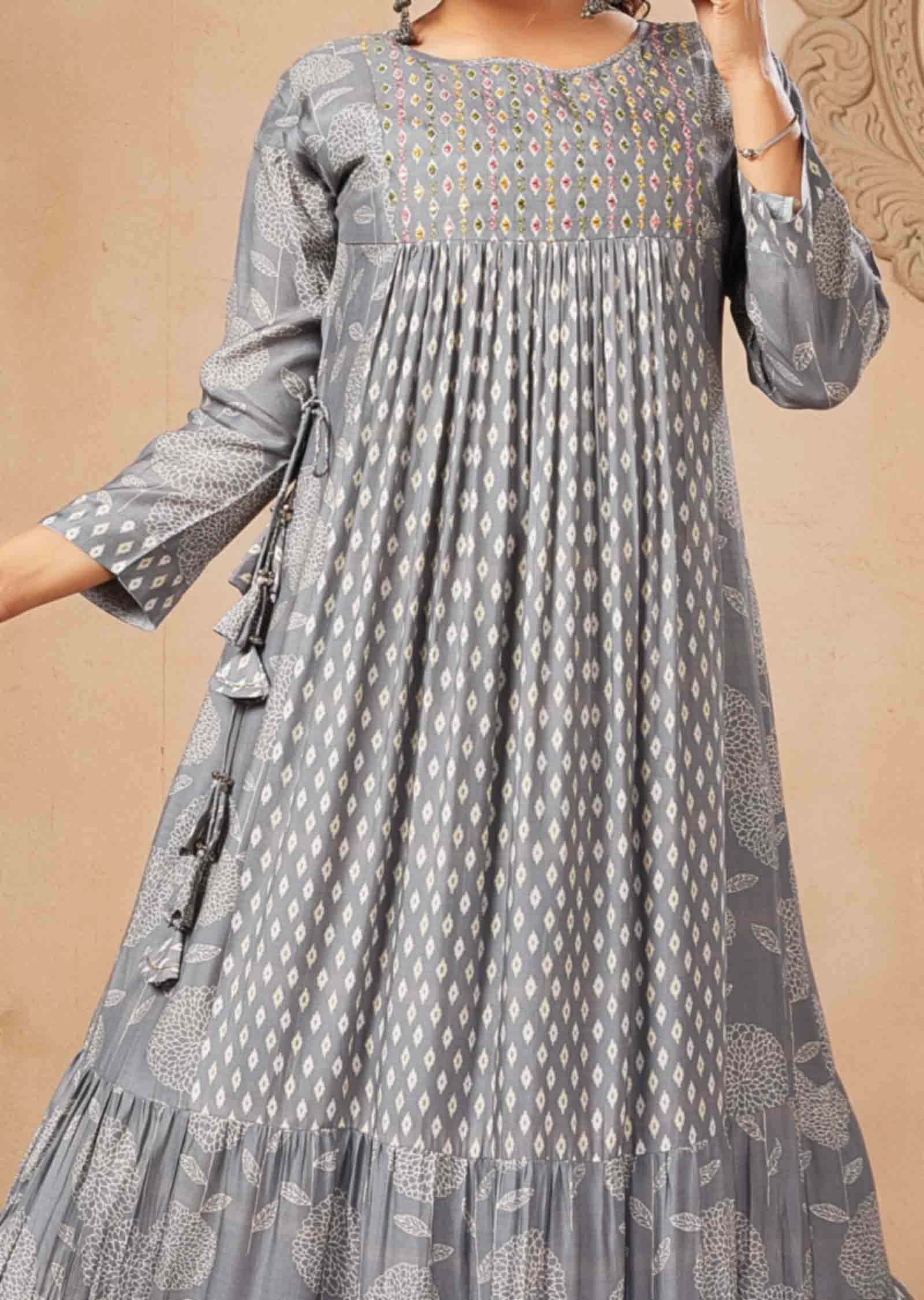 Grey Muslin Printed Frock Style Kurti