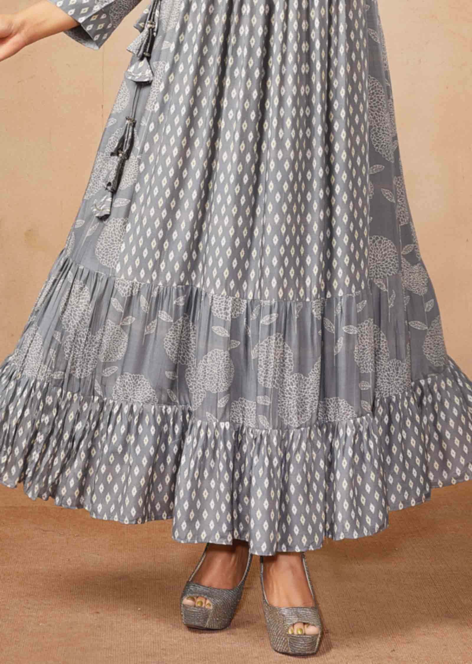 Grey Muslin Printed Frock Style Kurti