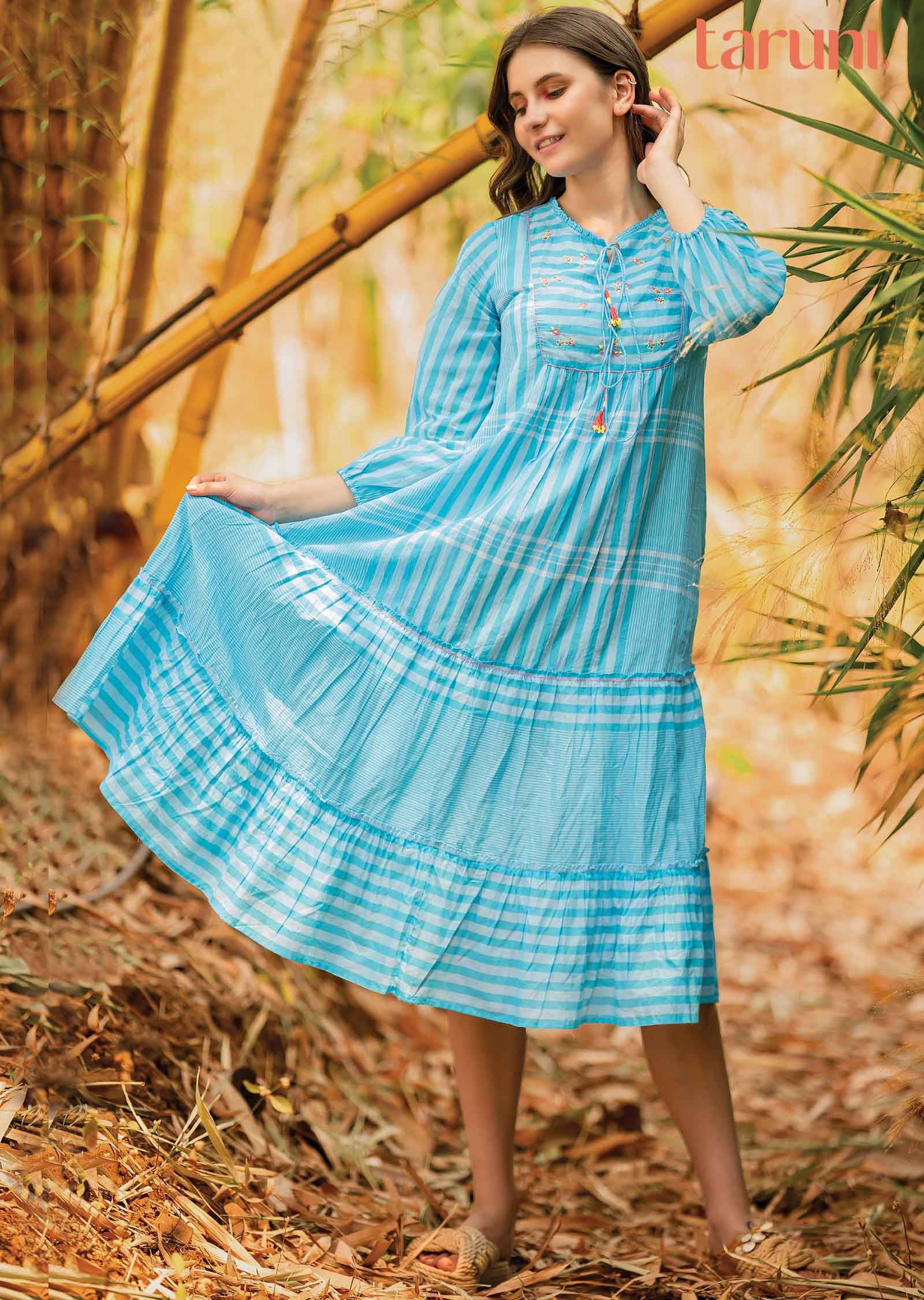 Light Blue Handloom Cotton Frock Style Kurti