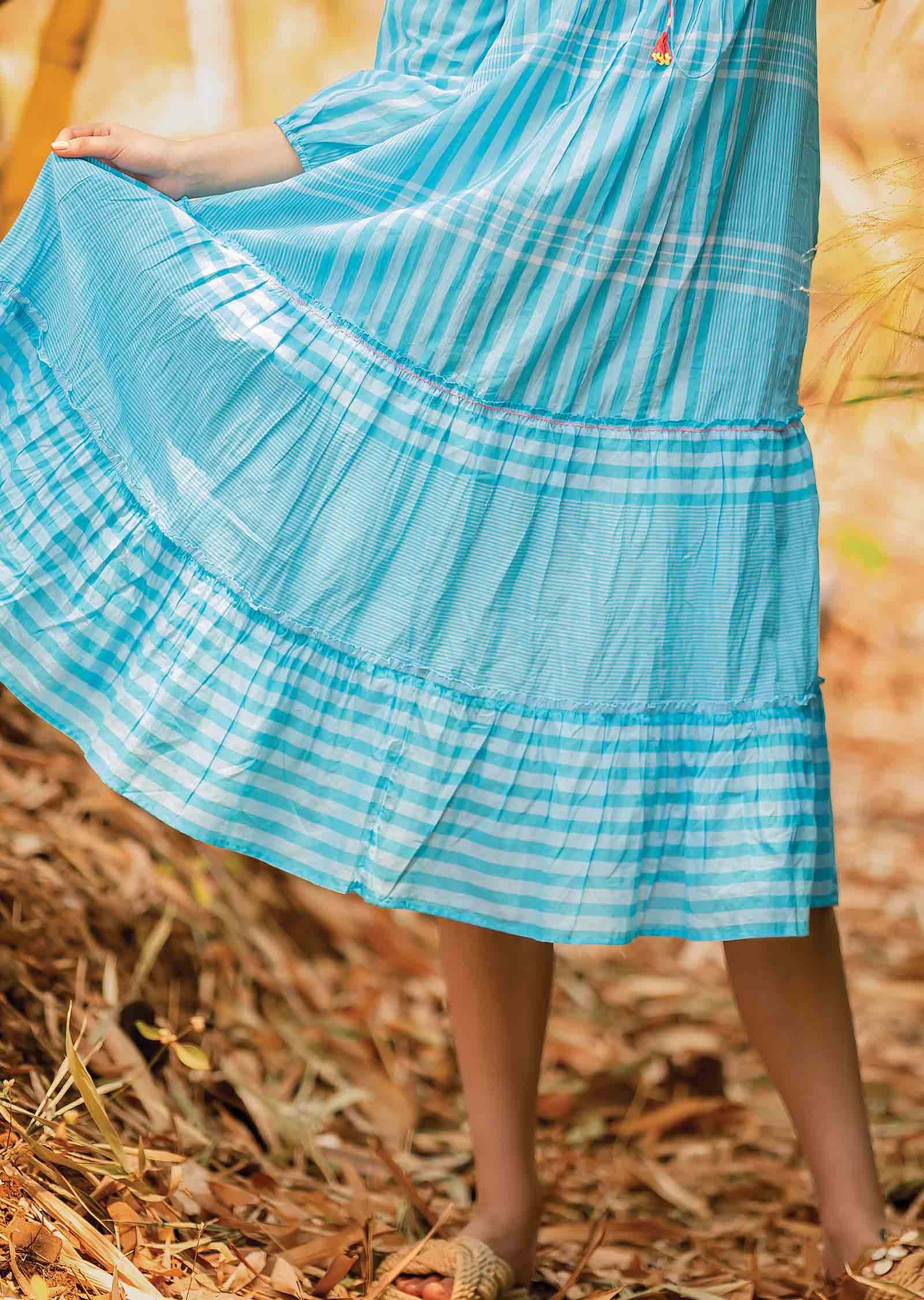 Light Blue Handloom Cotton Frock Style Kurti