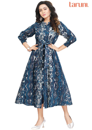 Blue Cotton Printed Frock Style Kurti