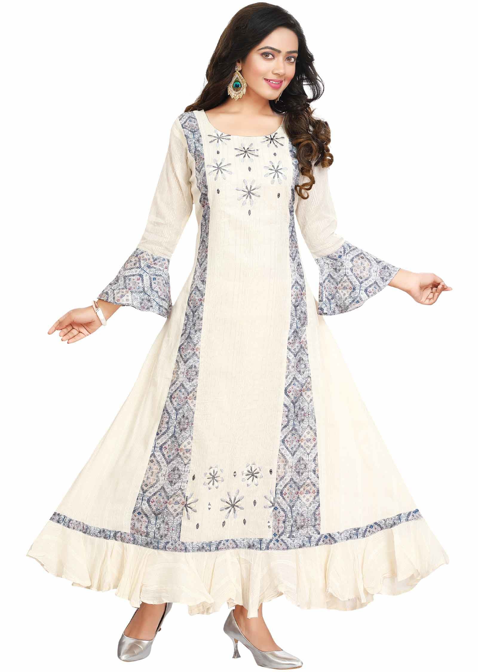 Cream Cotton Resham Work Frock Style Kurti