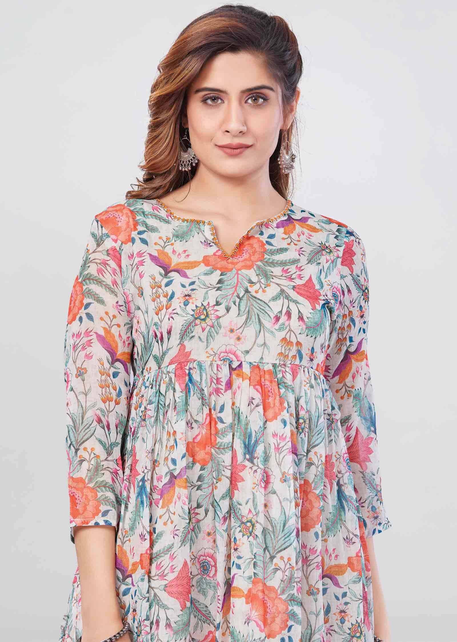 Light pista Green Chiffon Printed Frock Style Kurti