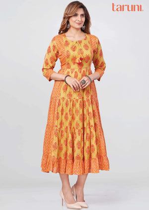 Mustard Cotton Sequins Frock Style Kurti