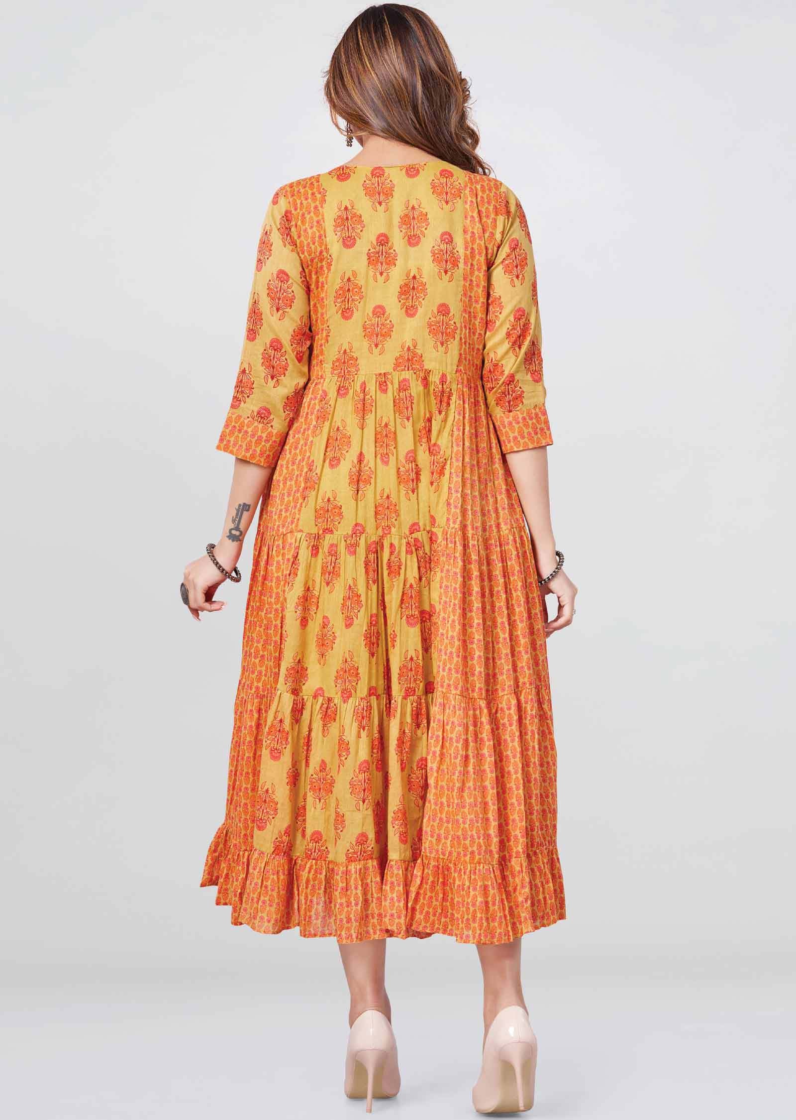 Mustard Cotton Sequins Frock Style Kurti