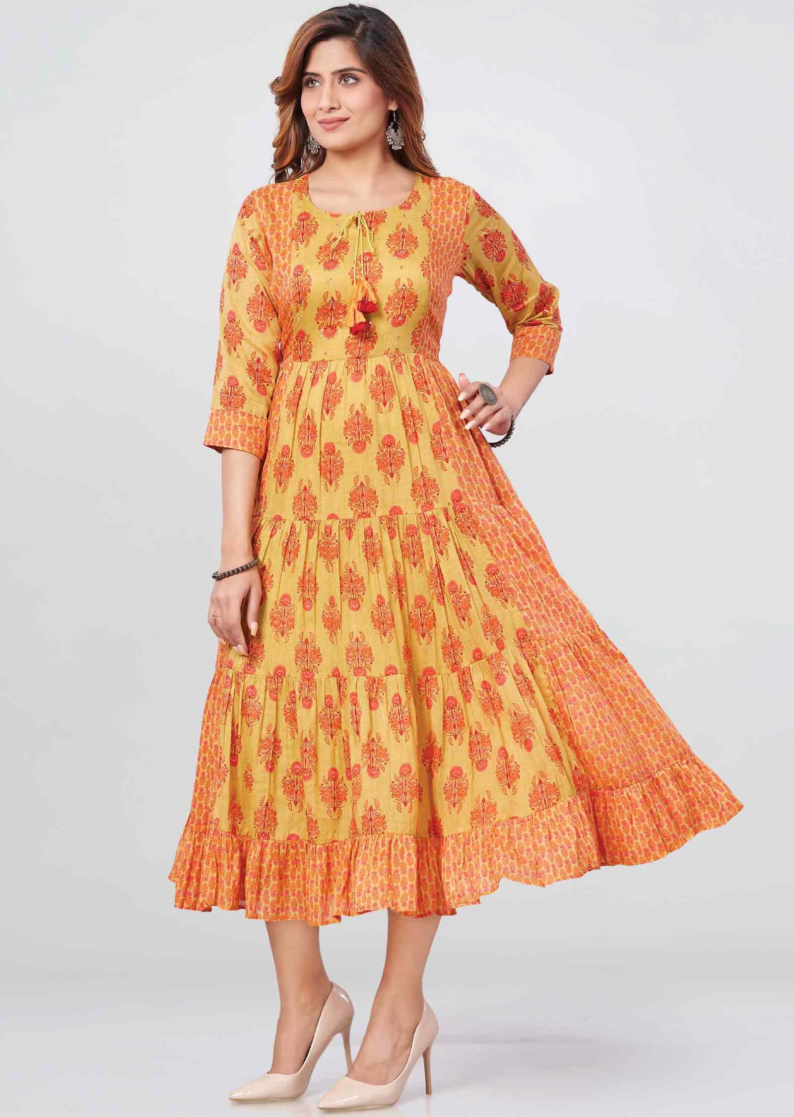 Mustard Cotton Sequins Frock Style Kurti