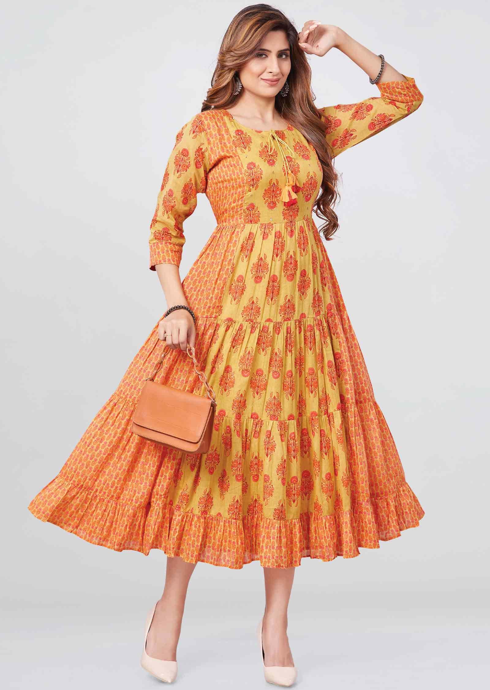 Mustard Cotton Sequins Frock Style Kurti