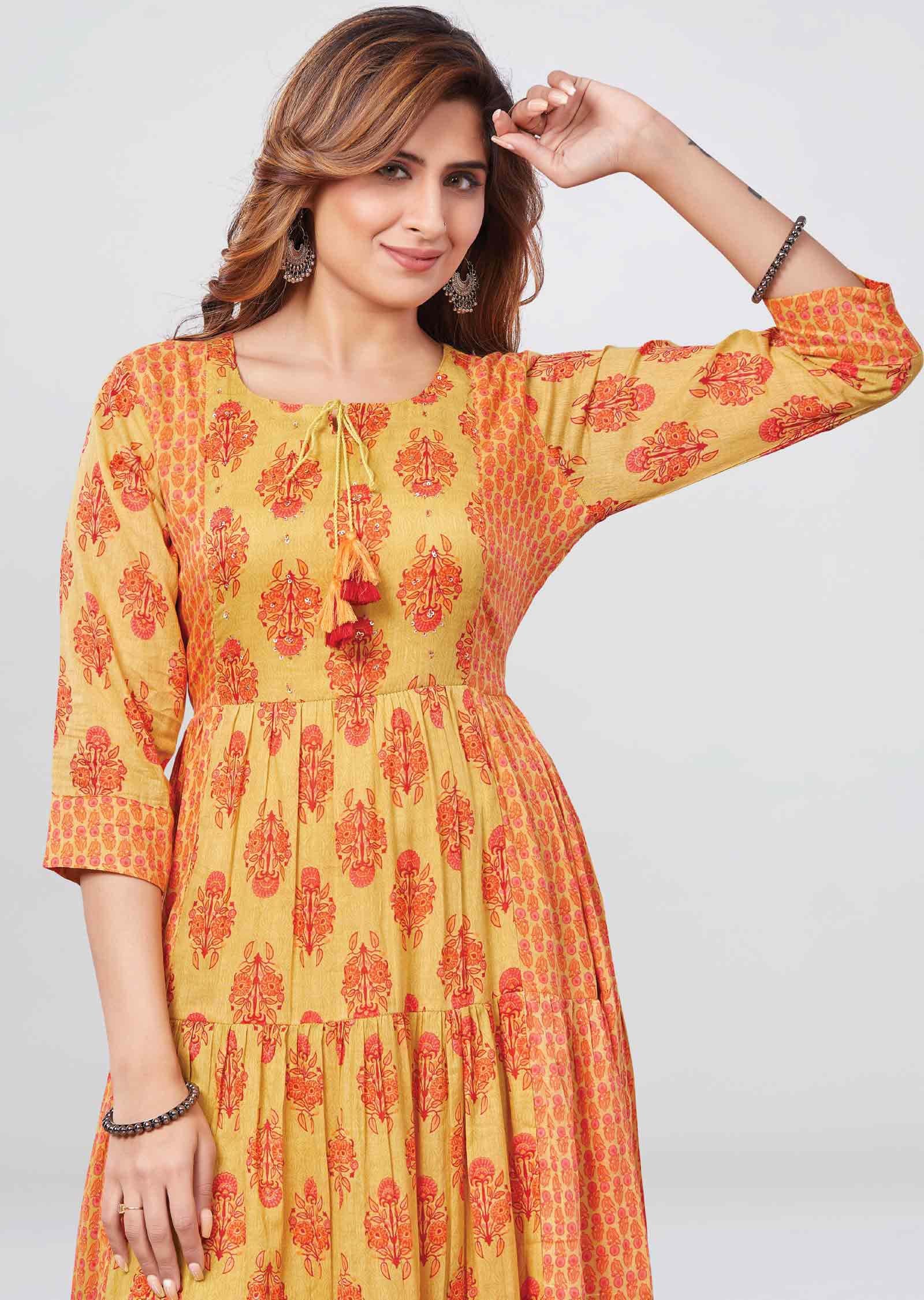 Mustard Cotton Sequins Frock Style Kurti