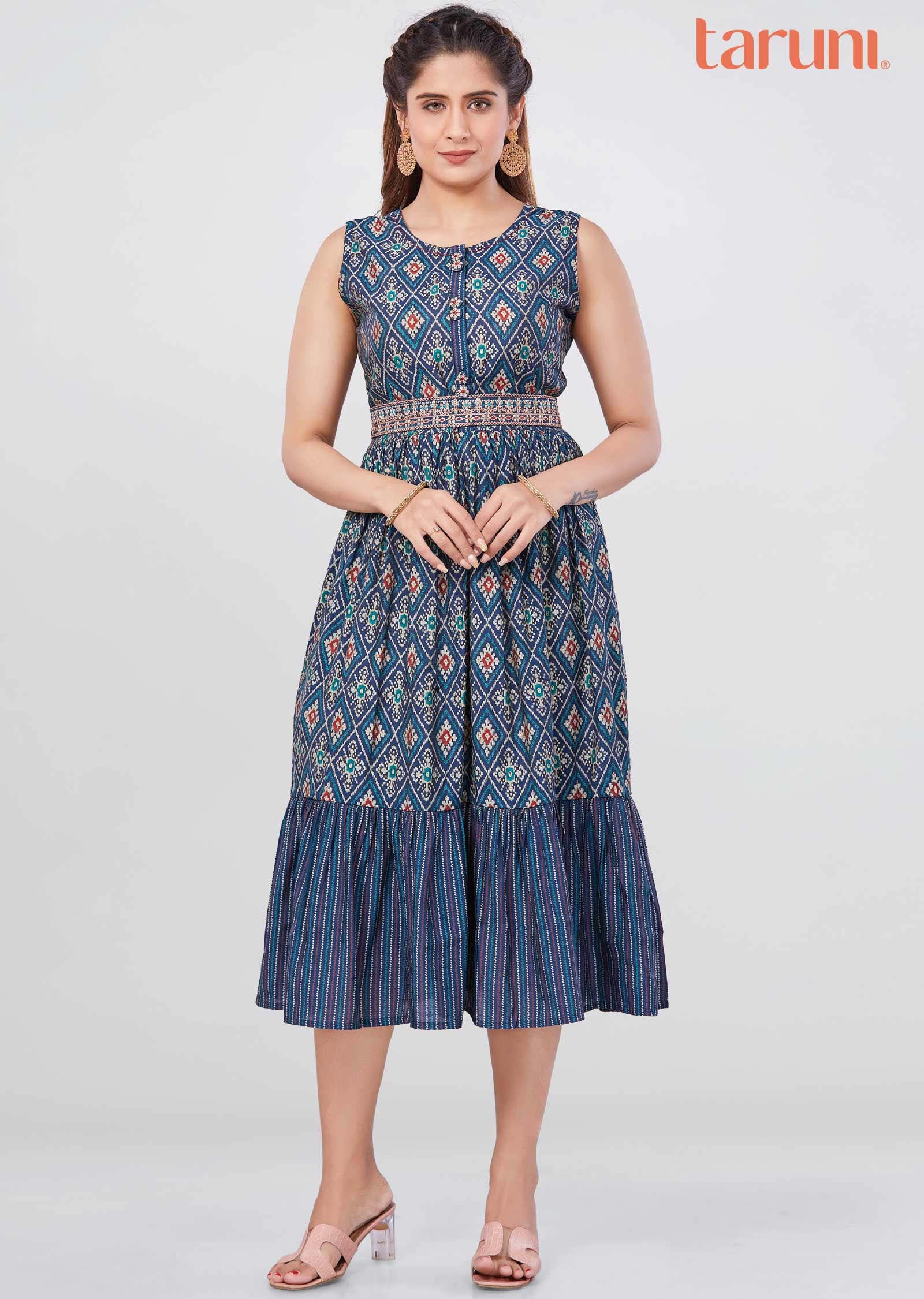 Teal Blue Modal Printed Frock Style Kurti