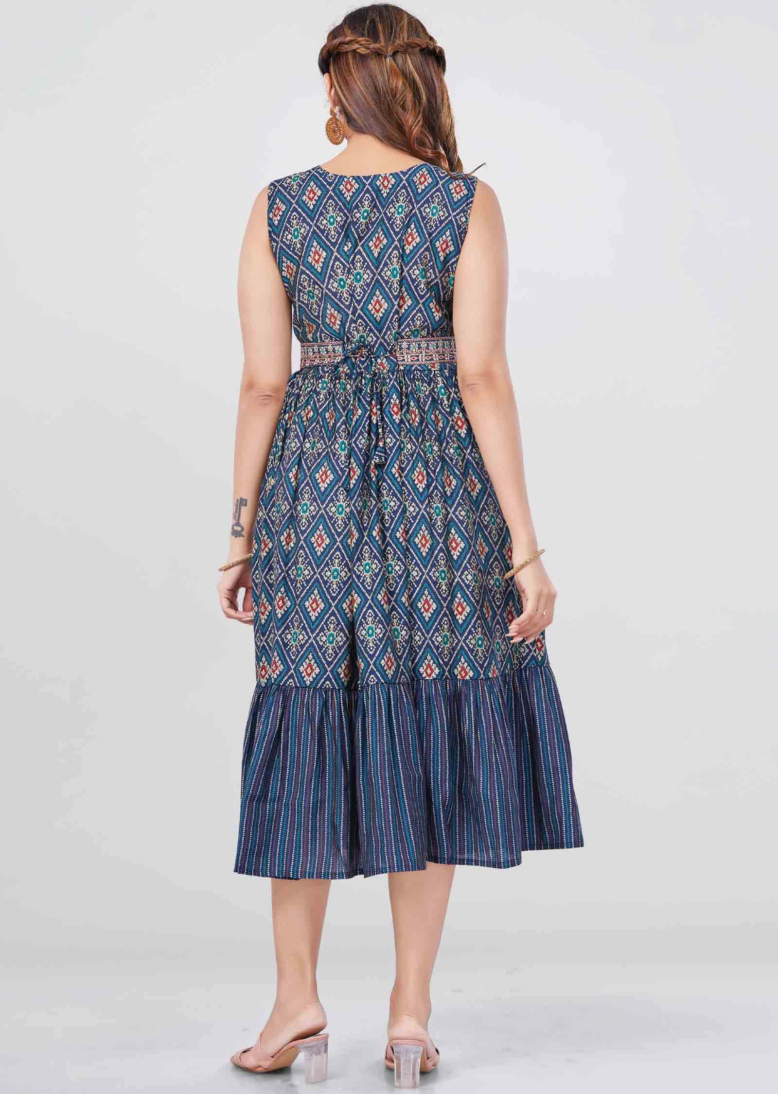 Teal Blue Modal Printed Frock Style Kurti