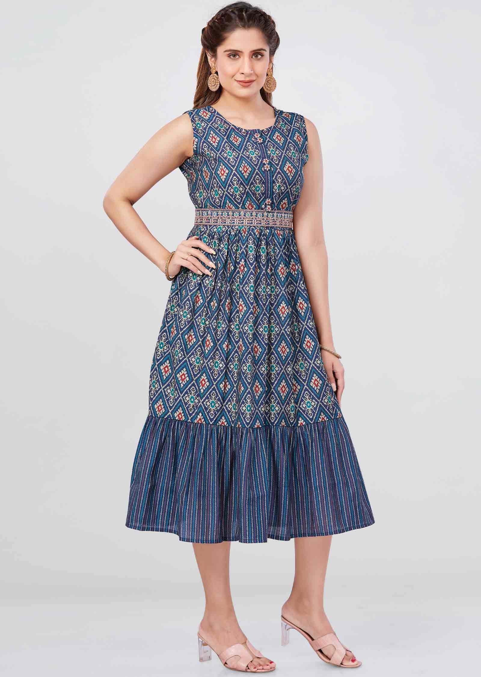 Teal Blue Modal Printed Frock Style Kurti