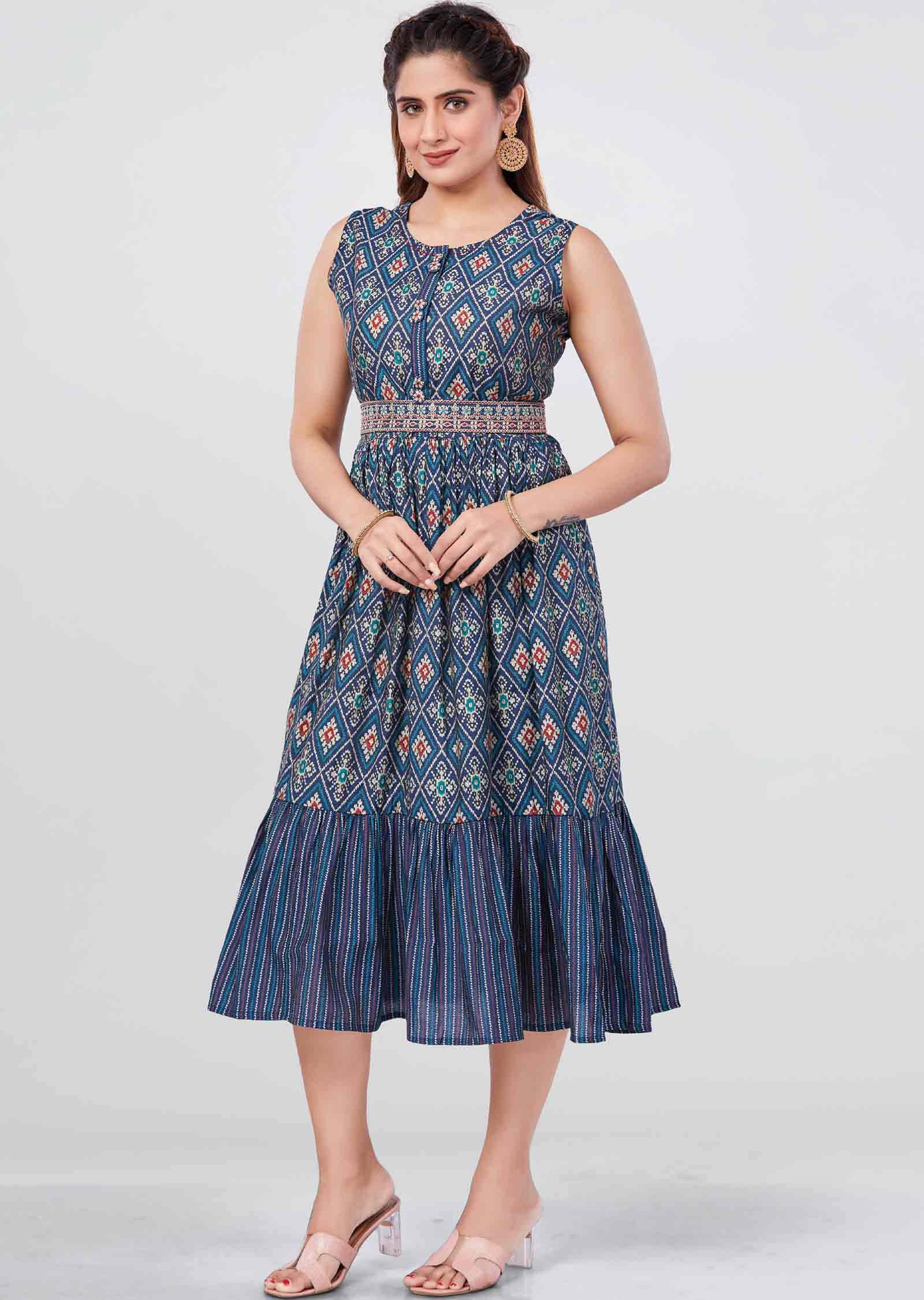 Teal Blue Modal Printed Frock Style Kurti