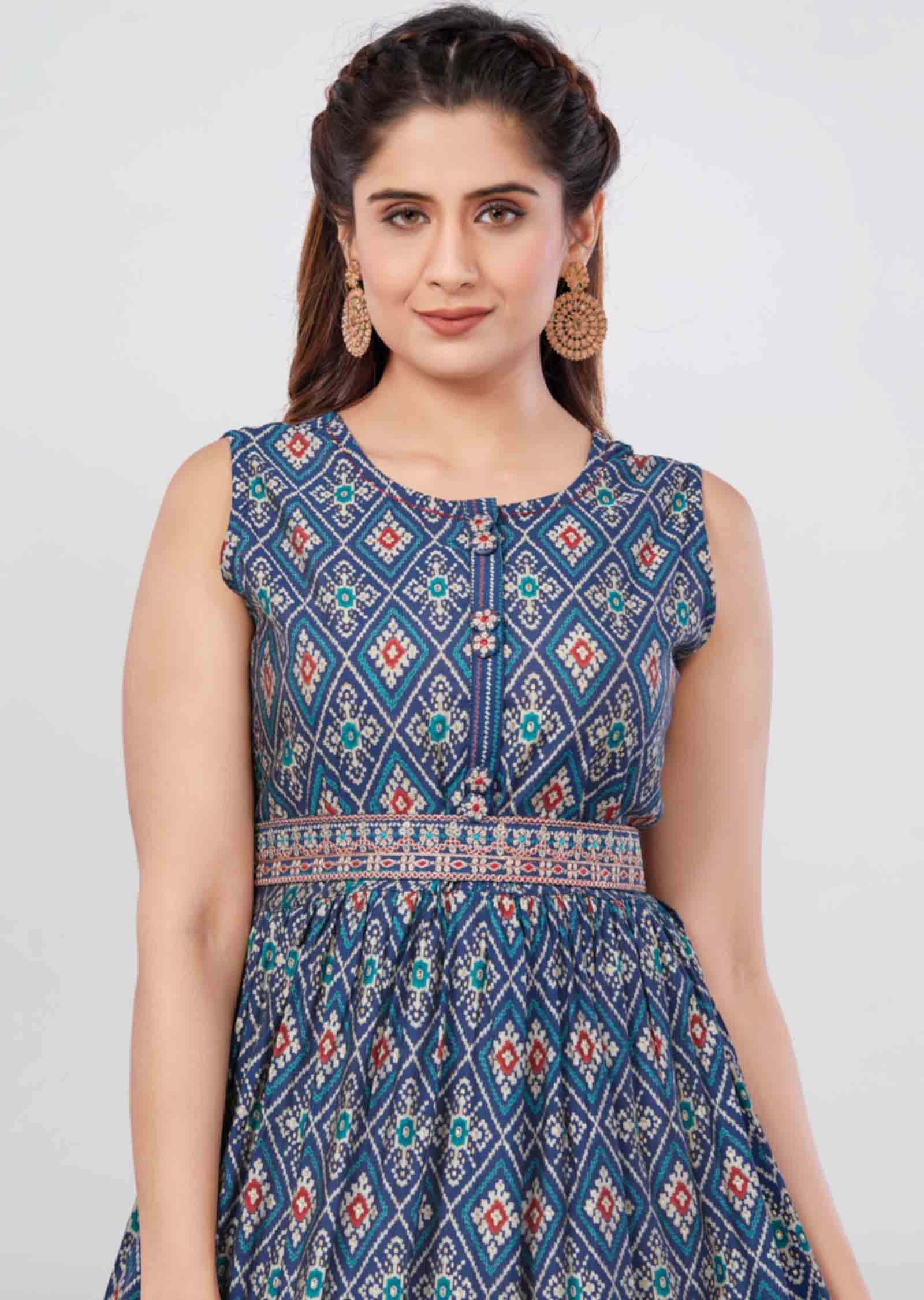 Teal Blue Modal Printed Frock Style Kurti