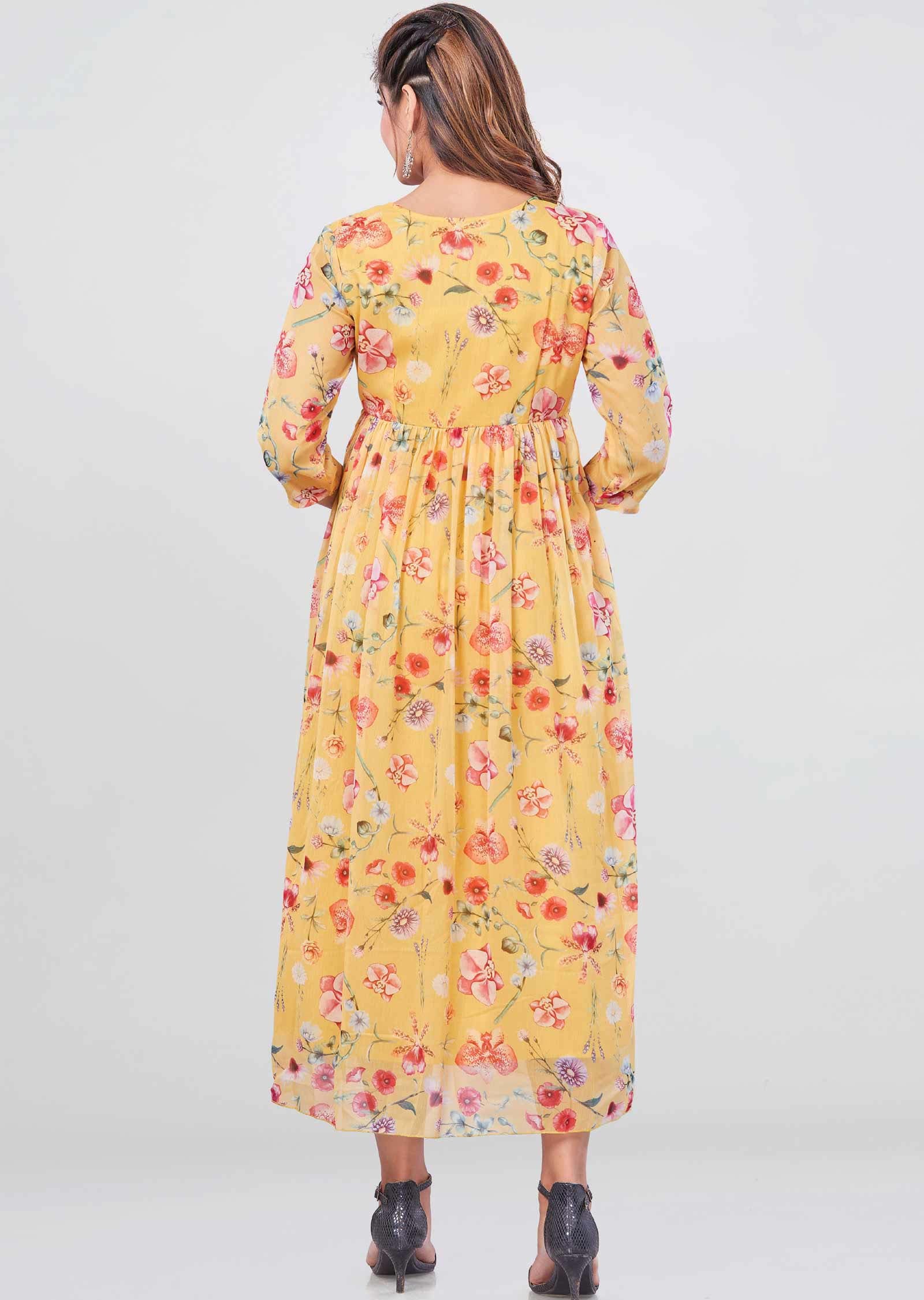 Yellow Chiffon Printed Frock Style Kurti