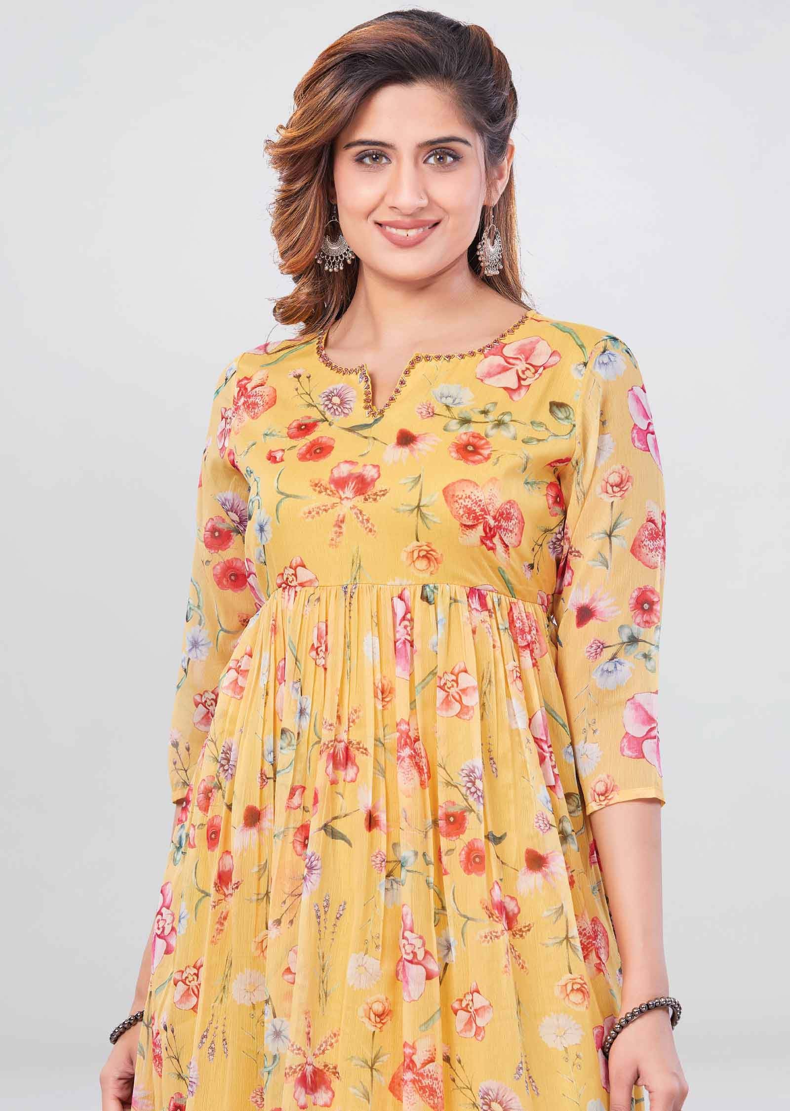 Yellow Chiffon Printed Frock Style Kurti