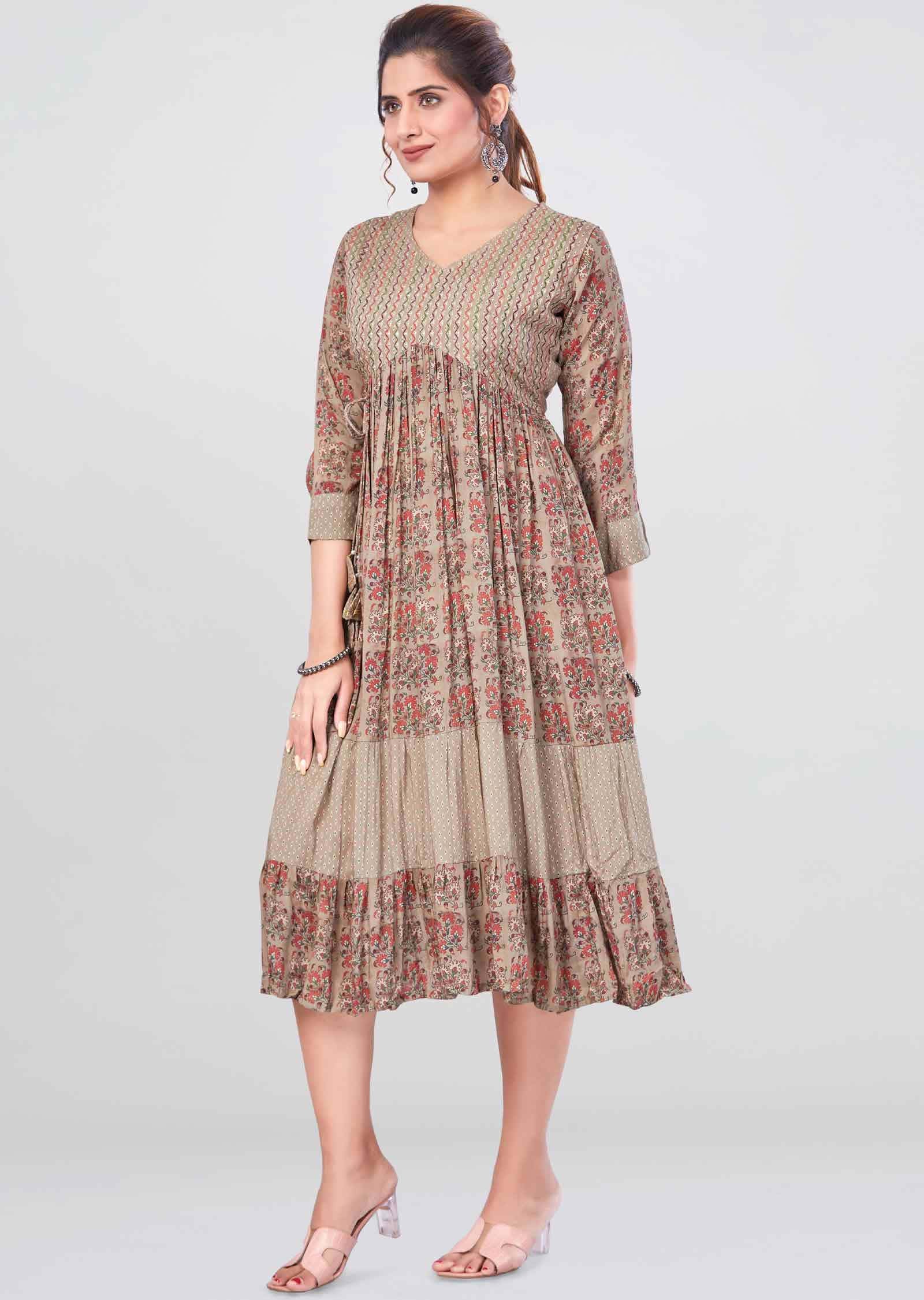 Khaki Muslin Printed Frock Style Kurti