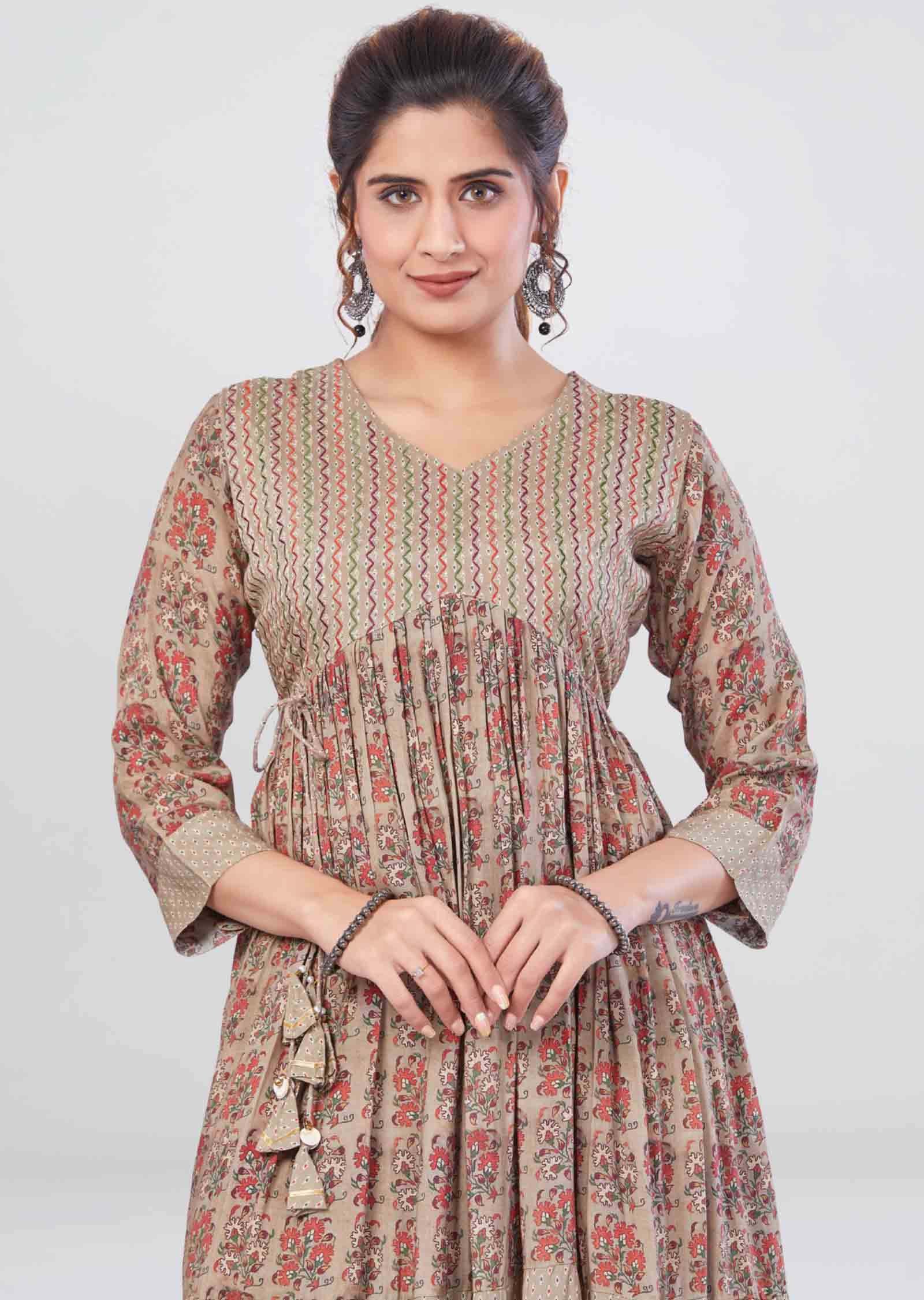 Khaki Muslin Printed Frock Style Kurti