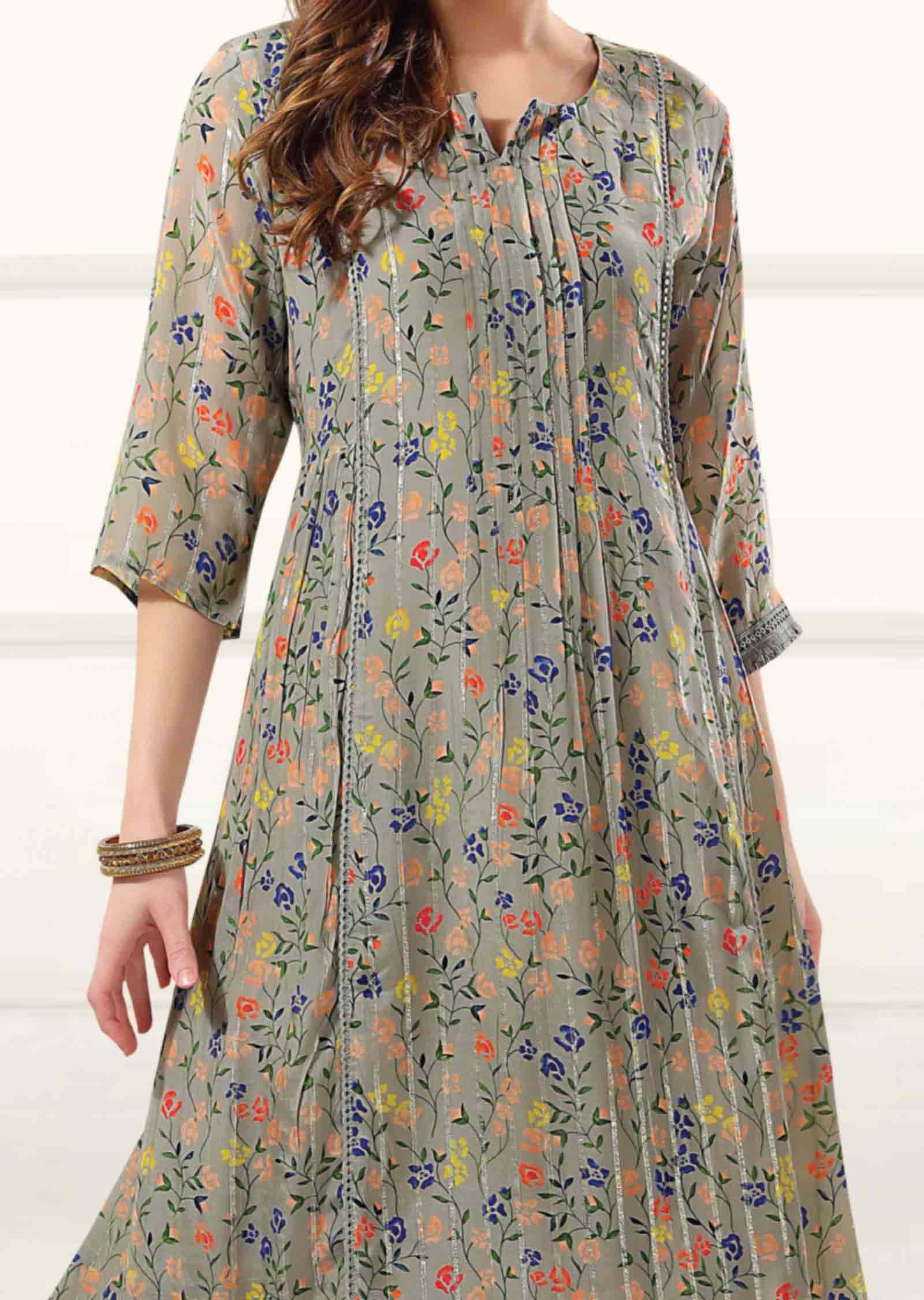 Grey Crepe Printed Frock Style Kurti