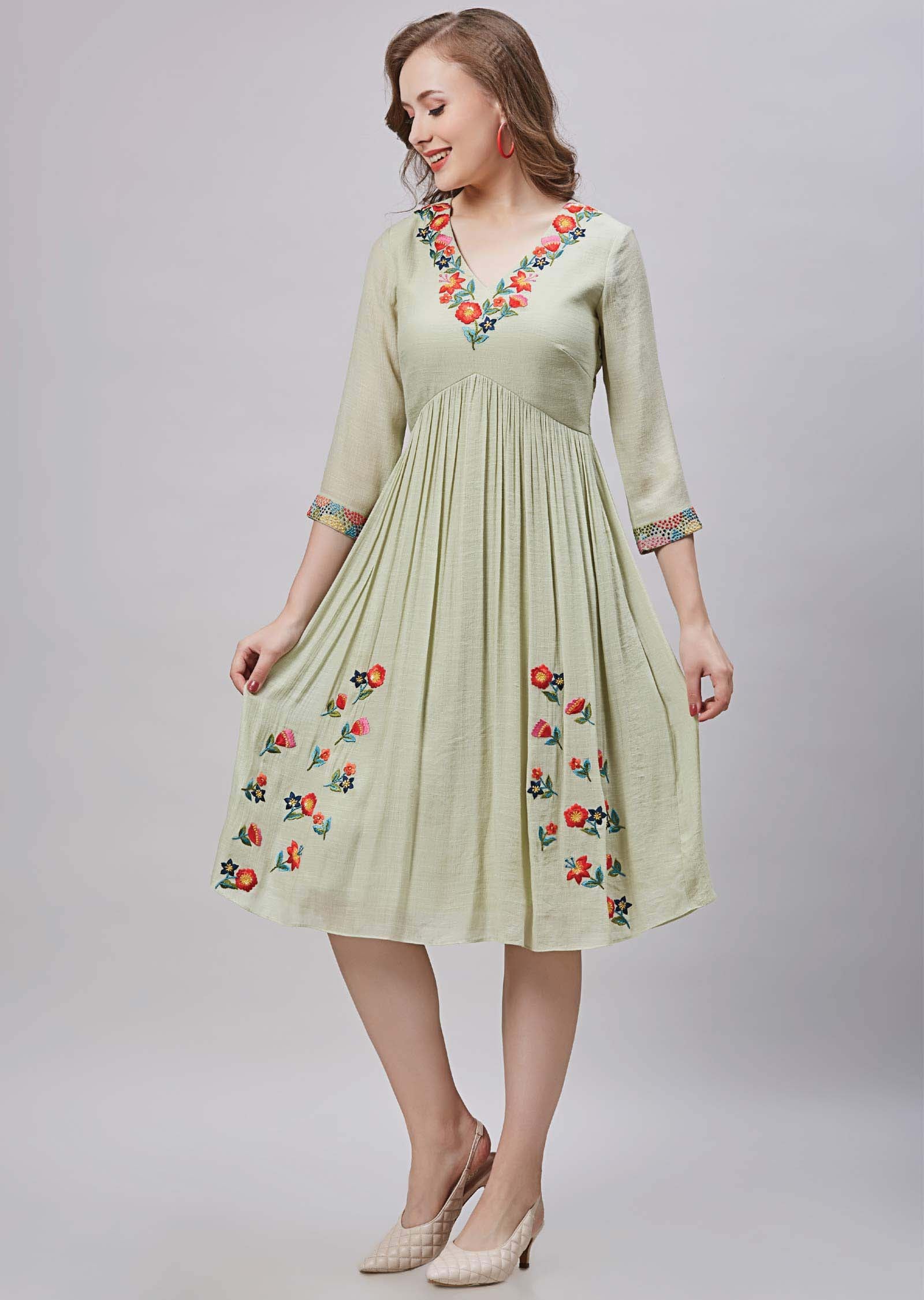 Pista Green Linen & Georgette Resham Work Frock Style Kurti