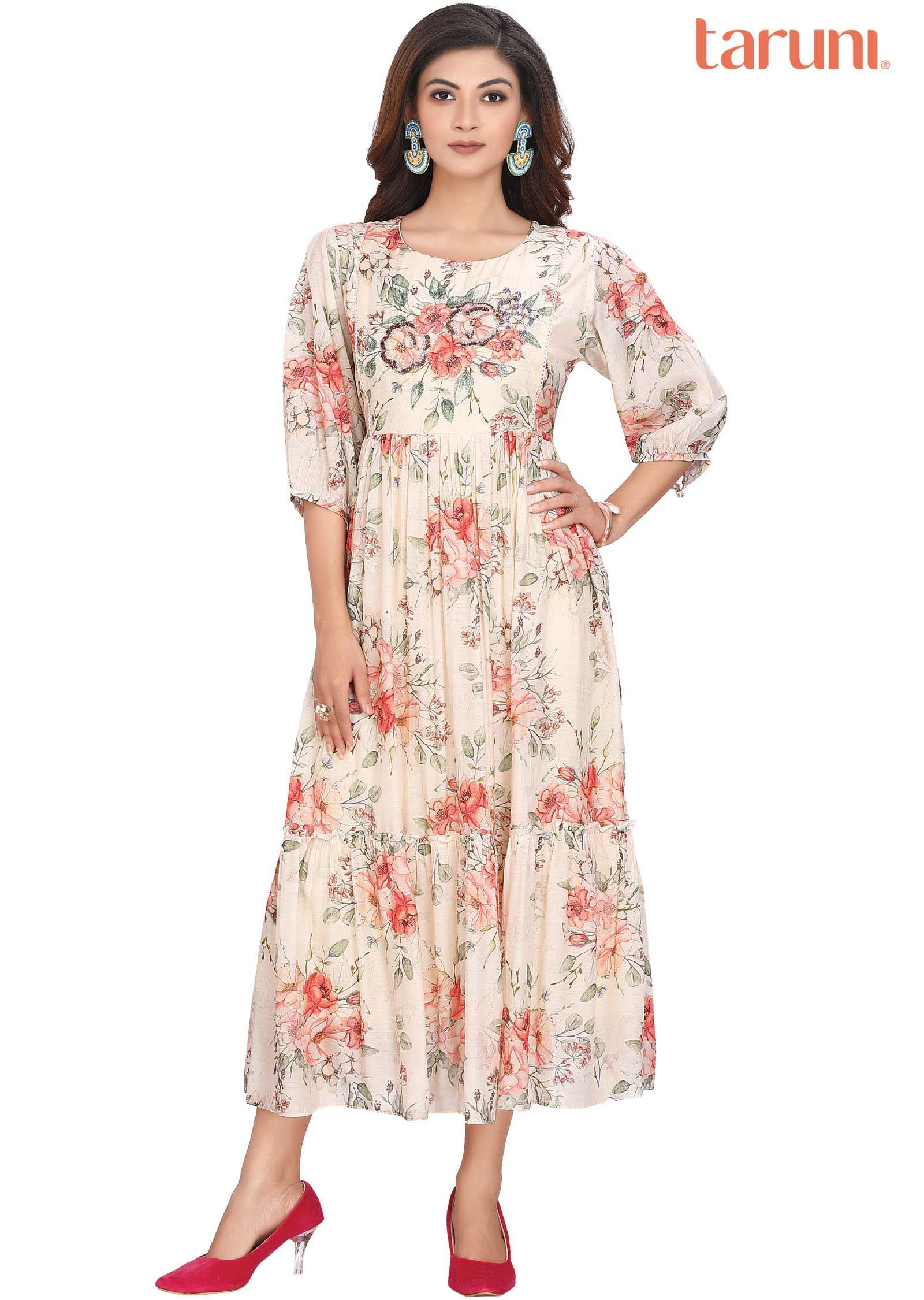 Cream Muslin Kurti Frock Style