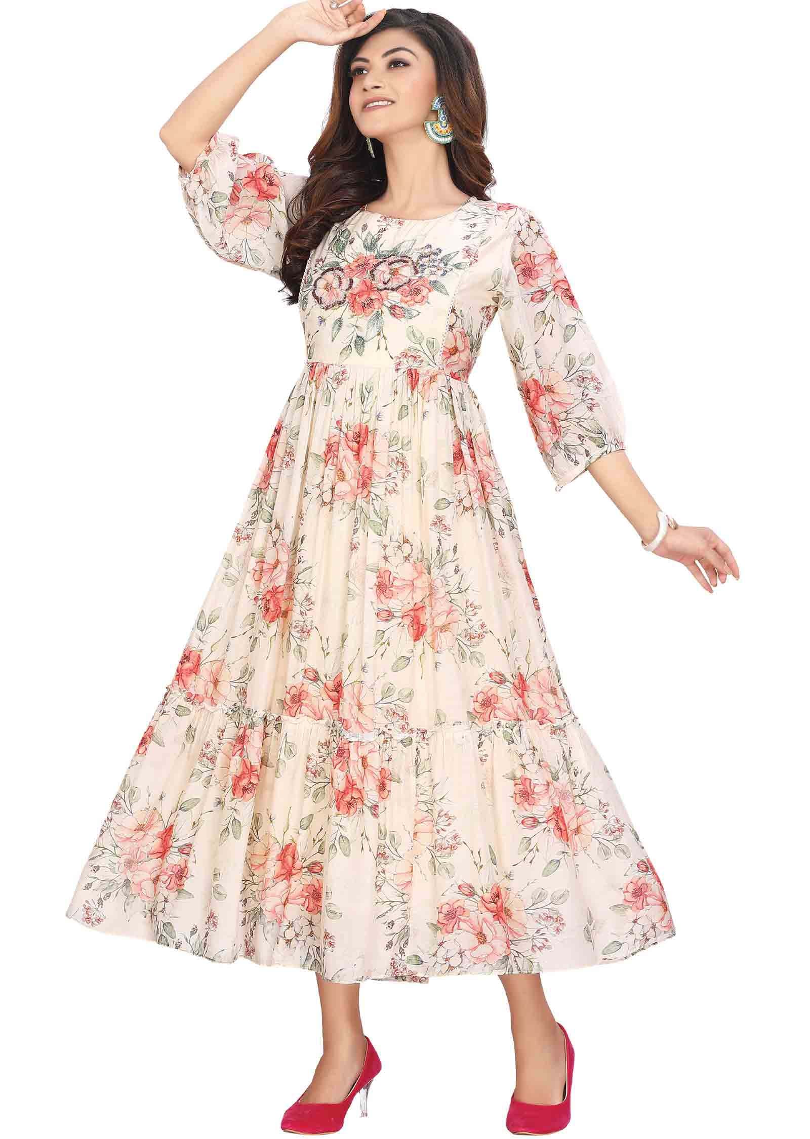 Cream Muslin Zardosi & Embroidered Frock Style Kurti