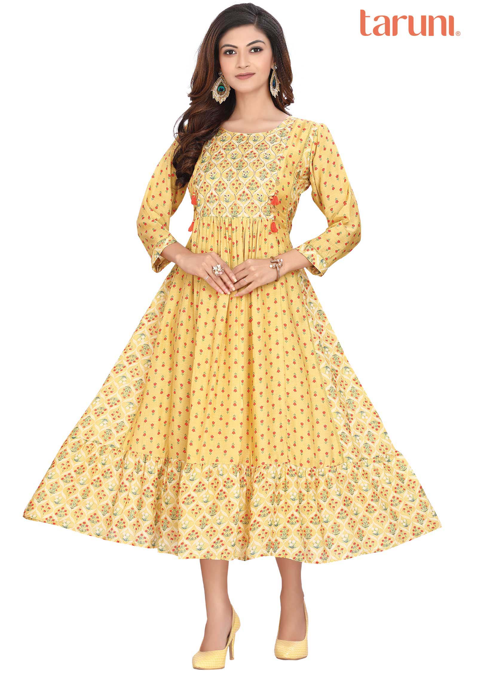 Yellow Muslin Zardosi & Embroidered Frock Style Kurti