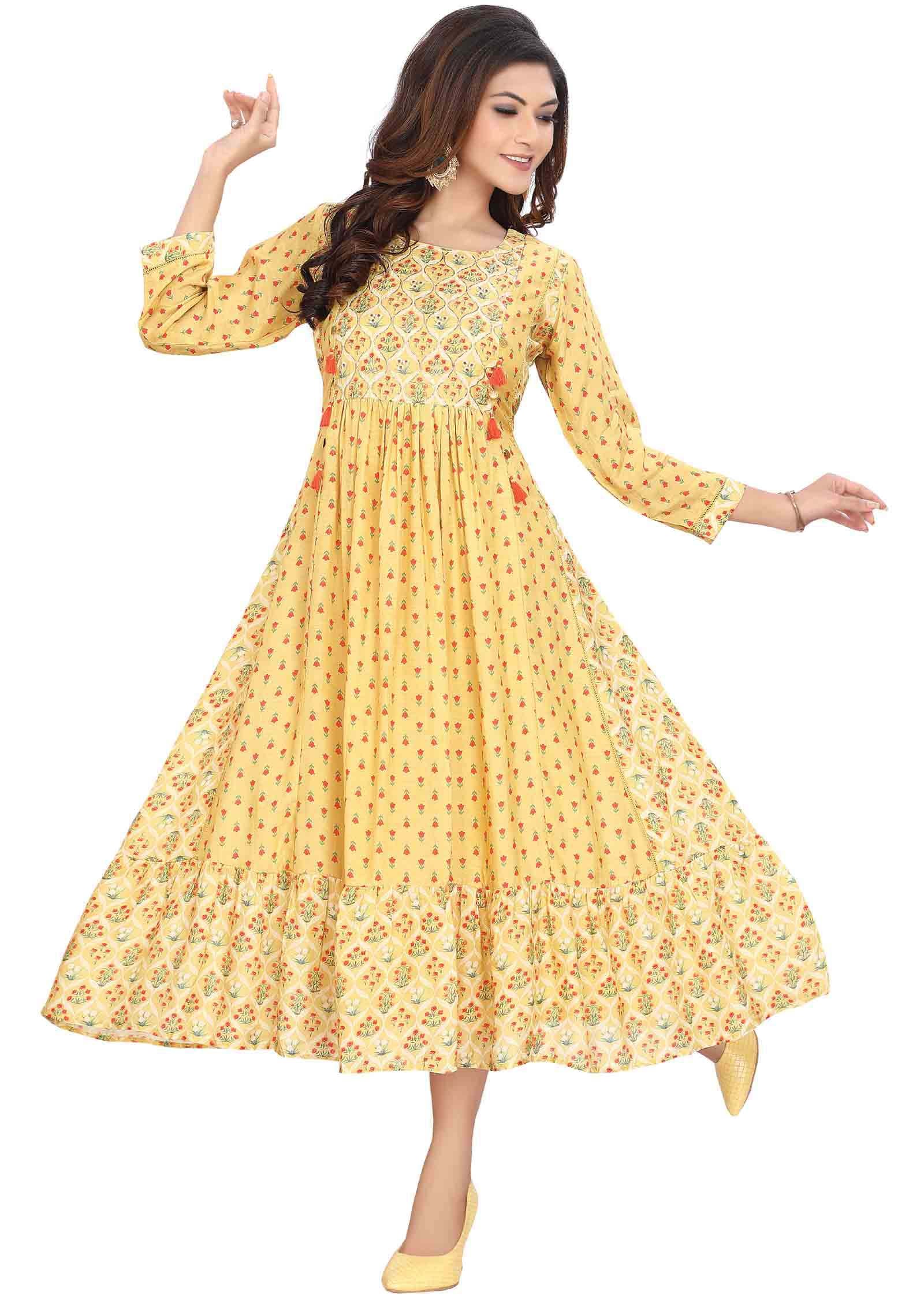 Yellow Muslin Zardosi & Embroidered Frock Style Kurti