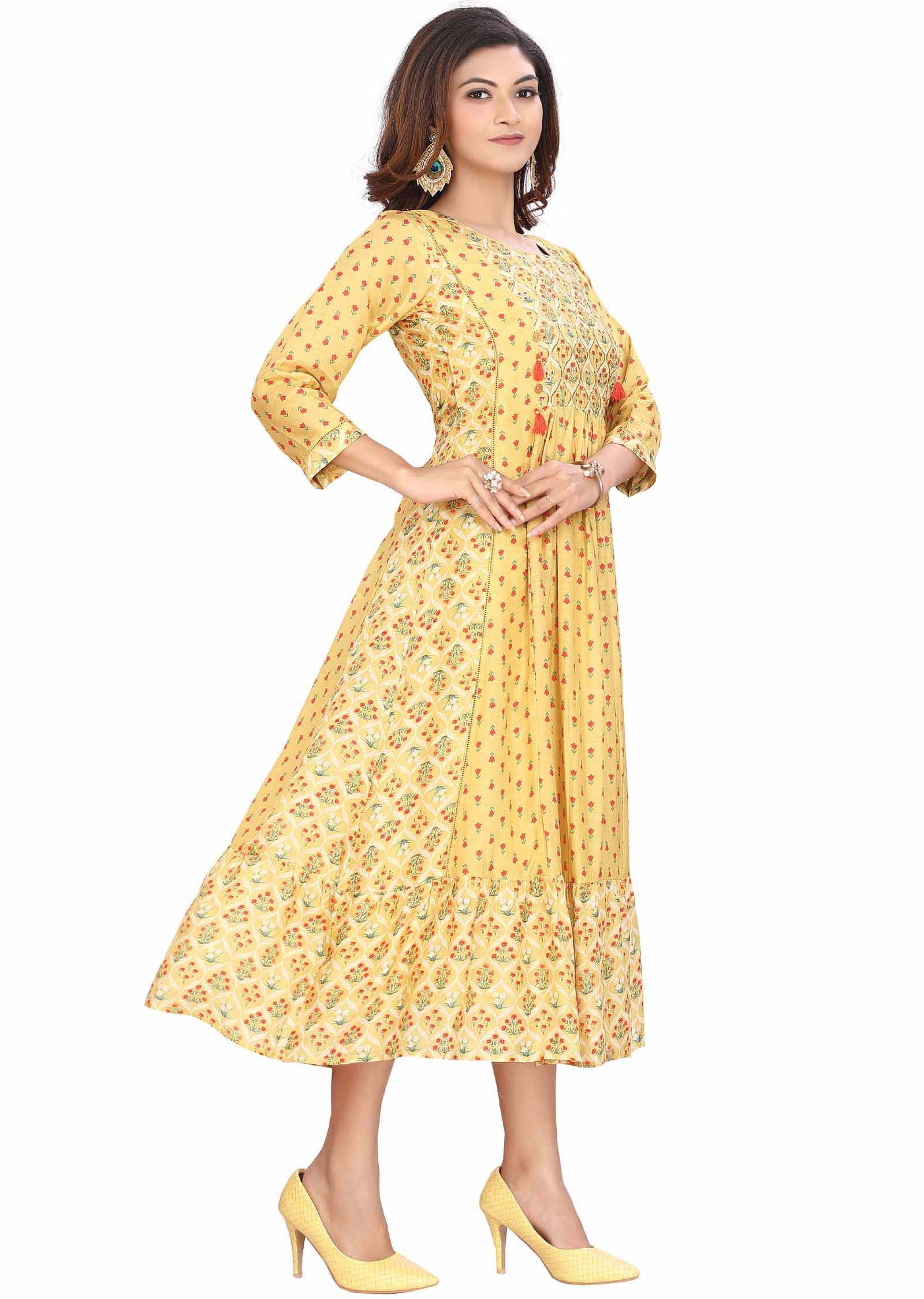 Yellow Muslin Zardosi & Embroidered Frock Style Kurti