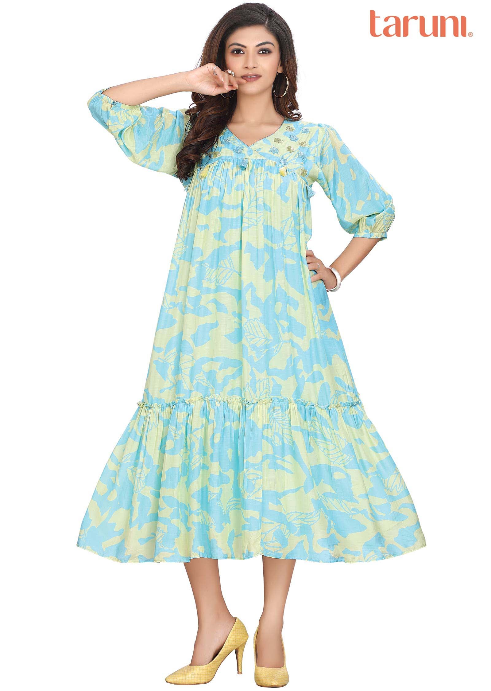 Yellow/Light Blue Muslin Printed Frock Style Kurti