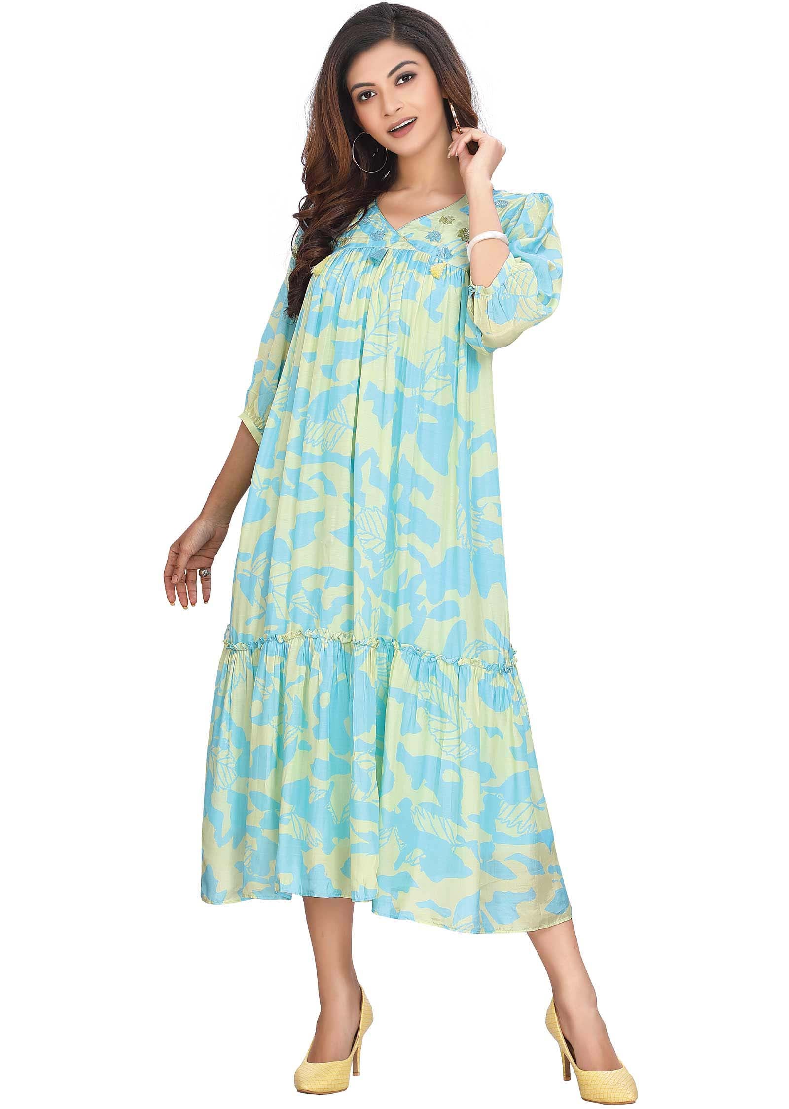 Yellow/Light Blue Muslin Printed Frock Style Kurti