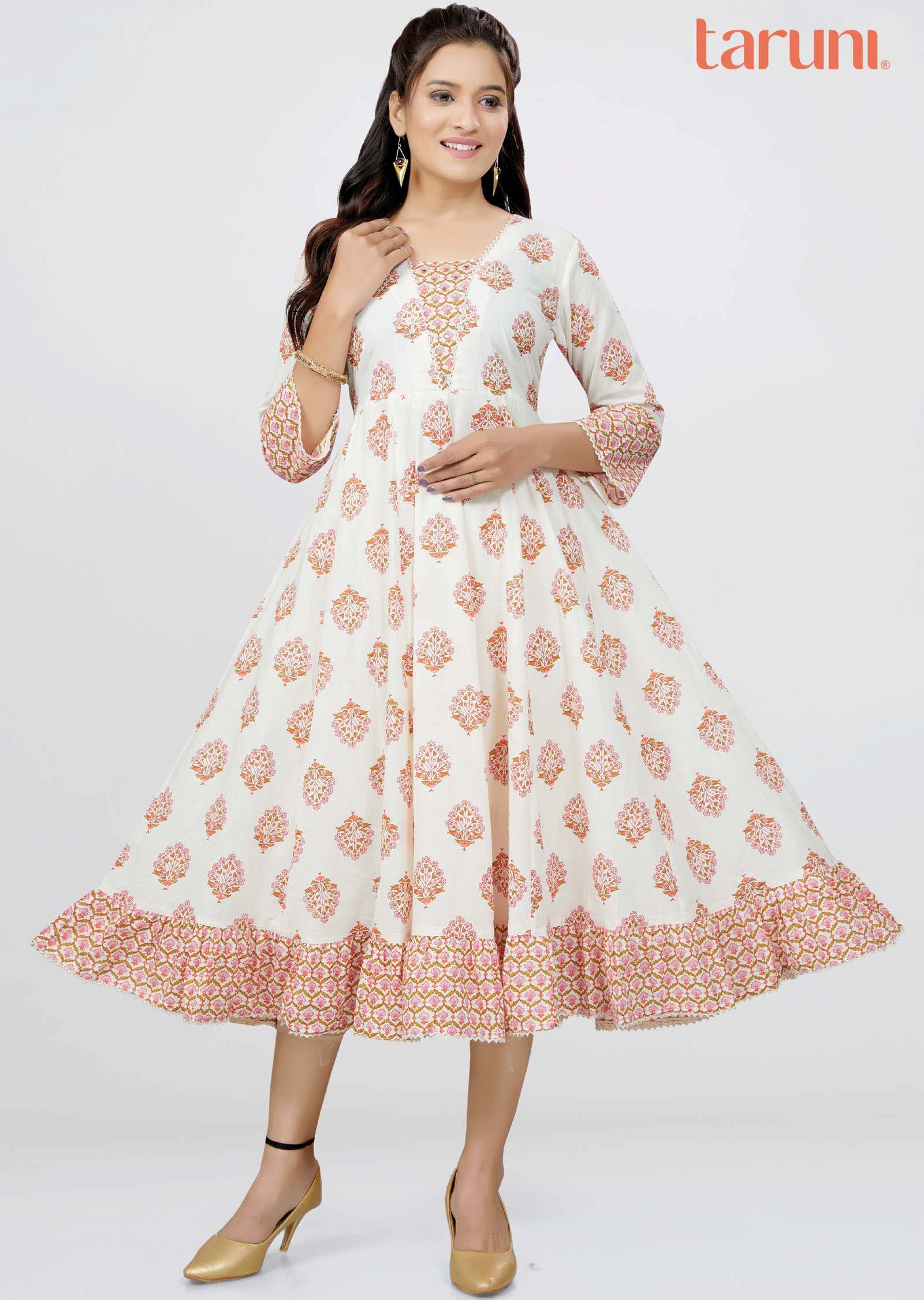Off White Cotton Sequins Frock Style Kurti