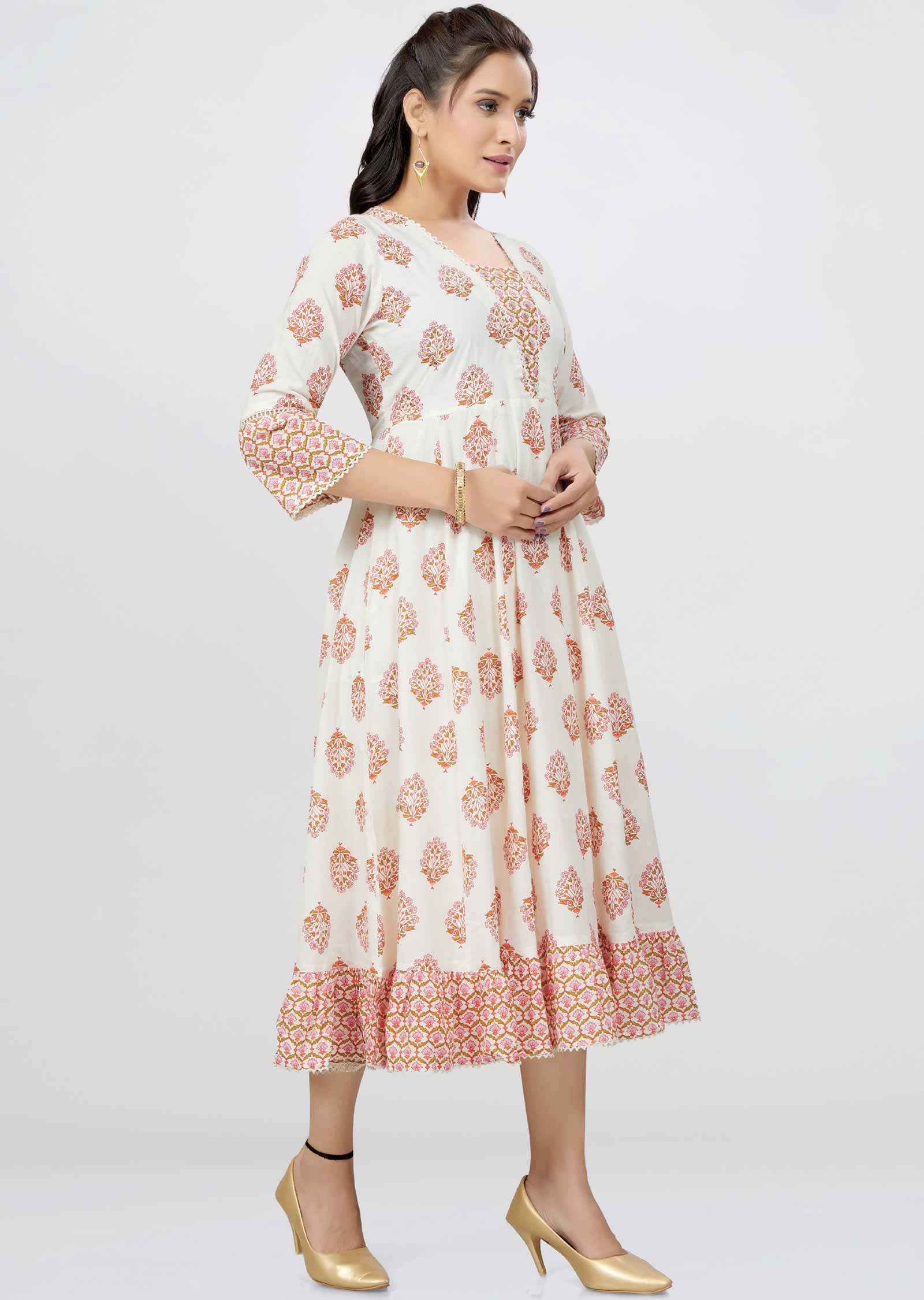 Off White Cotton Sequins Frock Style Kurti