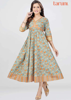 Greyish Blue Cotton Printed Frock Style Kurti