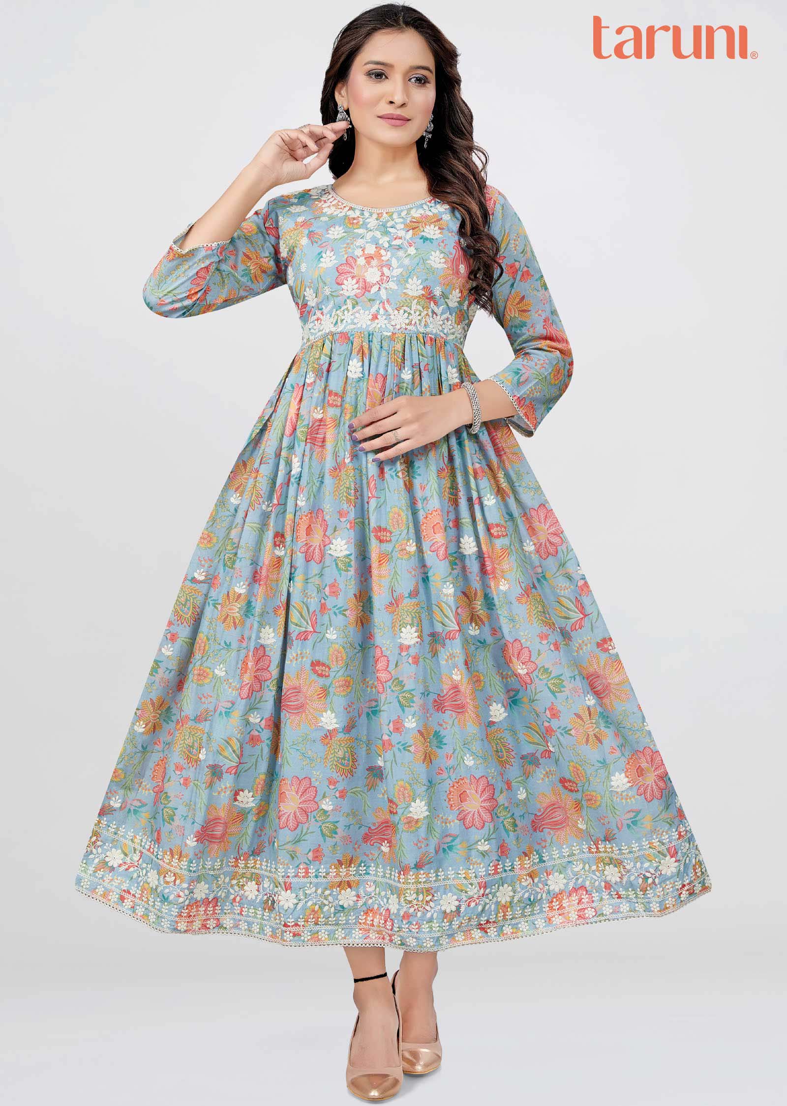 Light Blue Cotton Floral Printed Frock Style Kurti