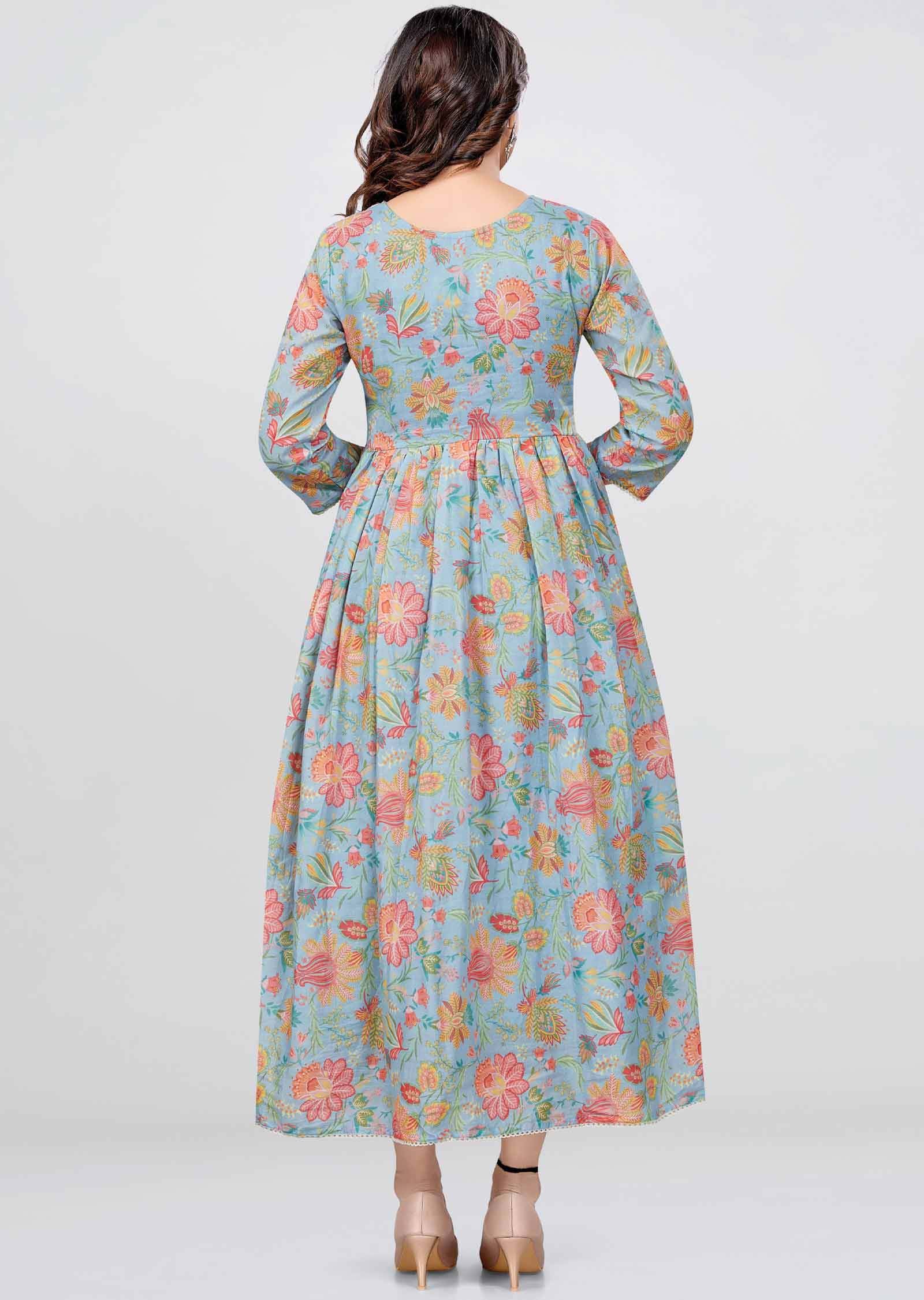 Light Blue Cotton Floral Printed Frock Style Kurti
